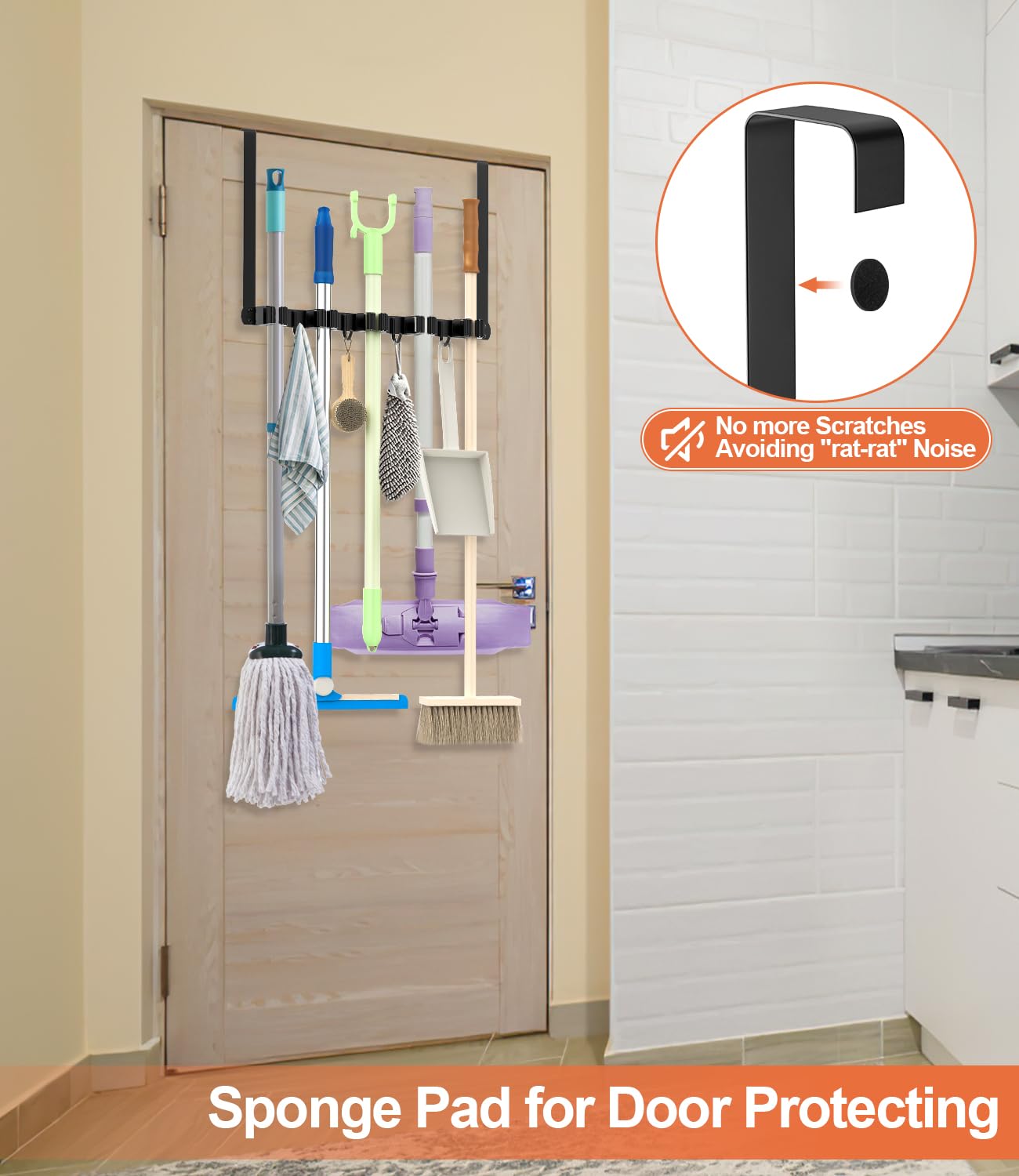 Broom Holder Over The Door with 4 Over Door Hook