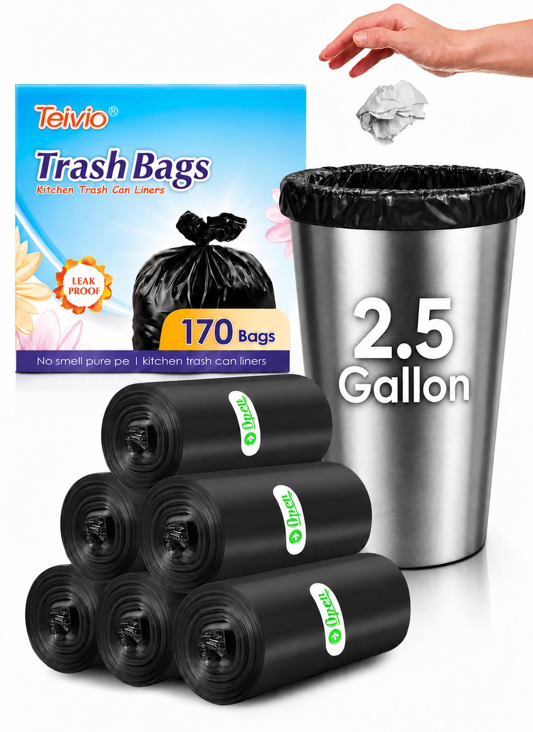 Small Black Trash Bags 2.5 Gallon 170 Count Bathroom Garbage Bags