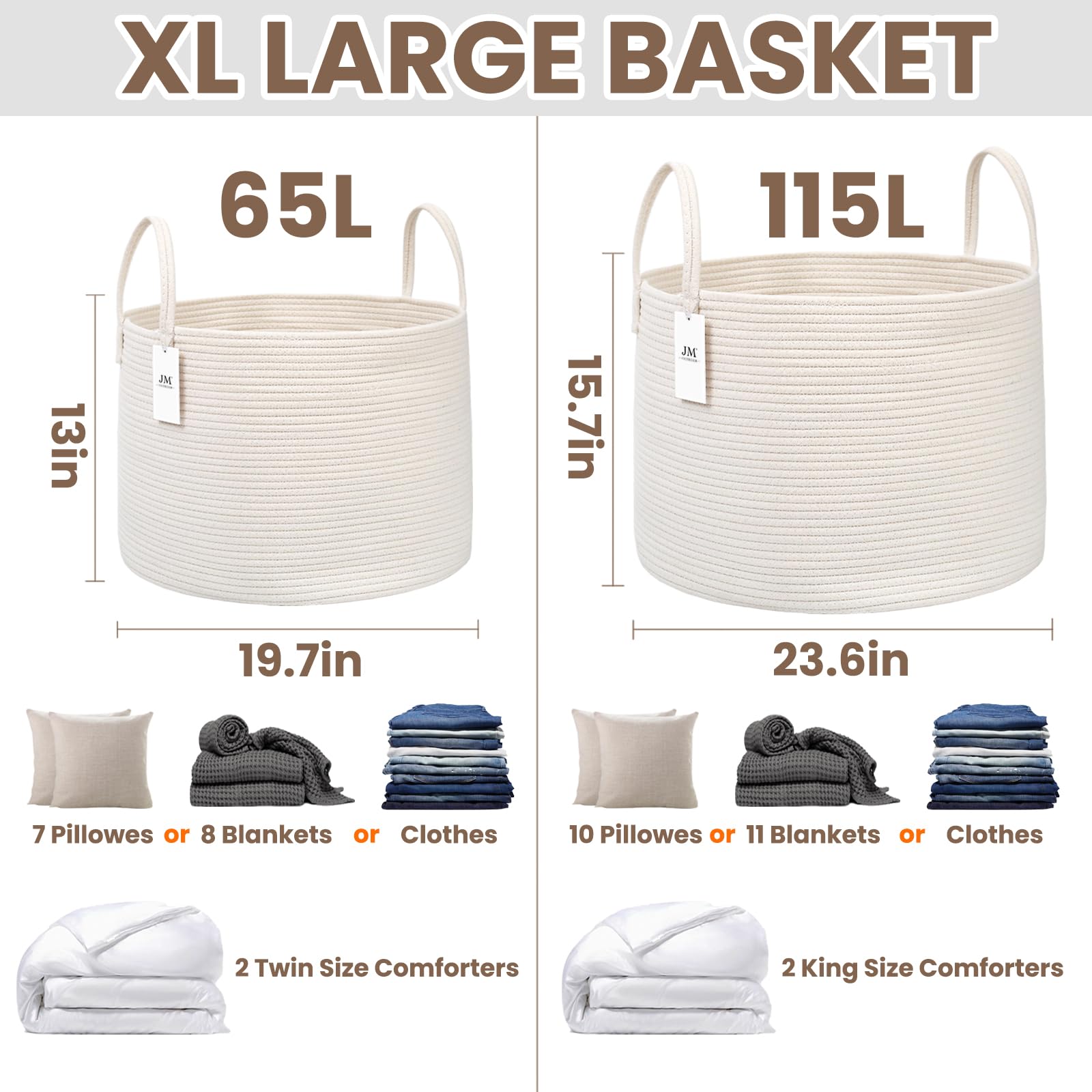 65L Extra Large Machine Washable Cotton Rope Blanket Basket