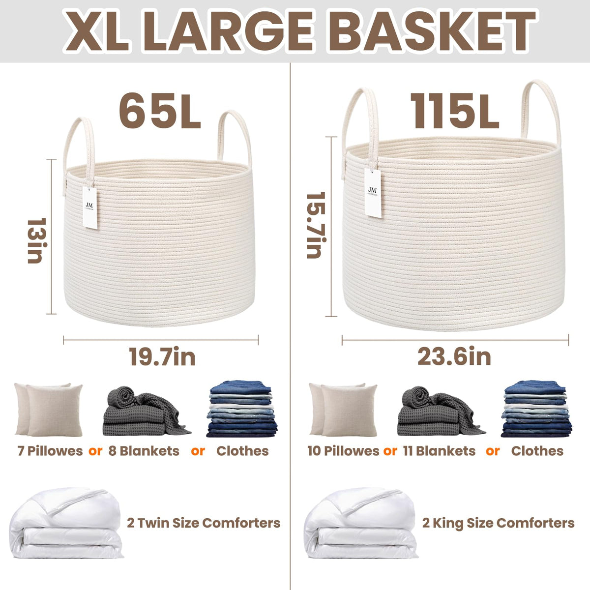 115L Extra Large Machine Washable Cotton Rope Blanket Basket