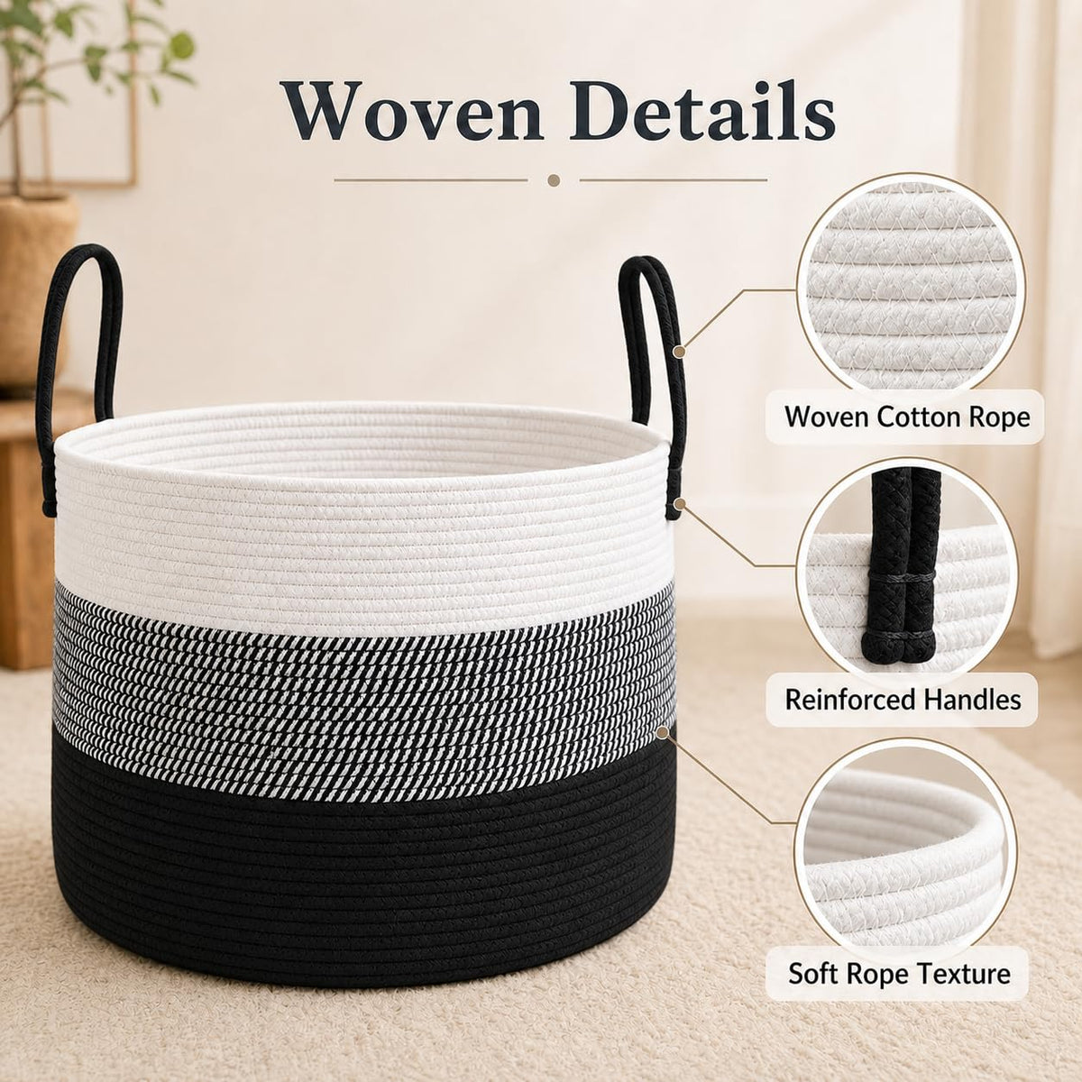 65L Extra Large Machine Washable Cotton Rope Blanket Basket