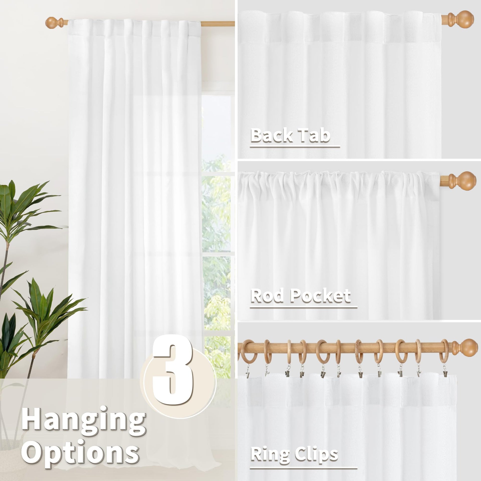 White Linen Kitchen Window Curtains 36 Inch Length Over Sink (2 Count)