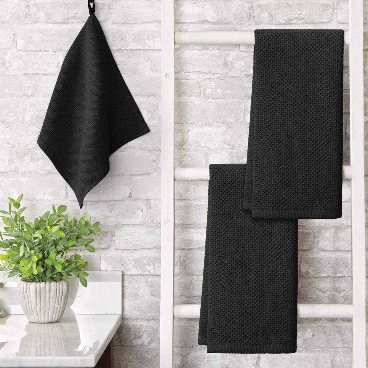 100% Cotton Black Waffle Weave Kitchen Dish Cloths (4 Count)