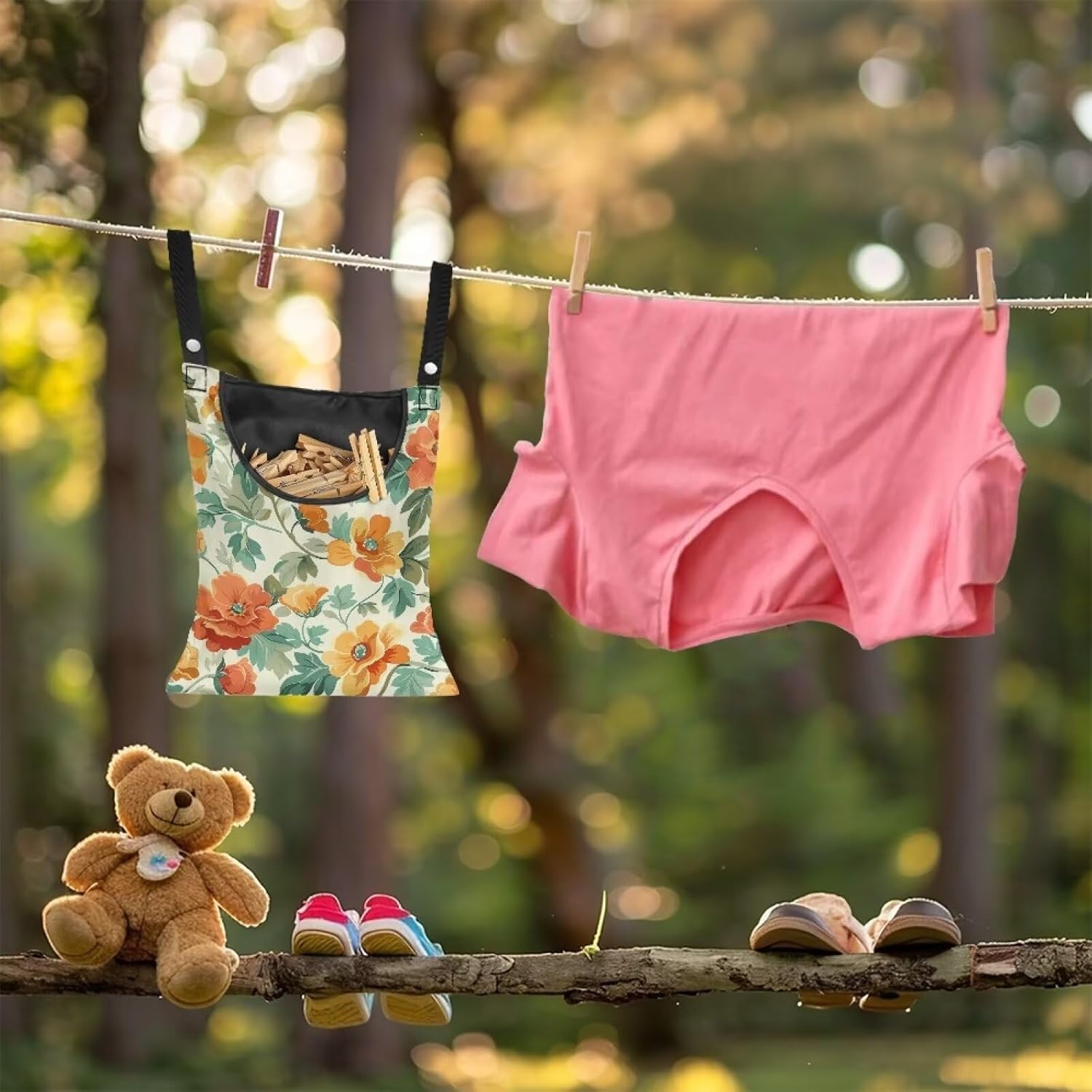 Art Flower Clothespin Bag Clothes Pin Hanging Bag Clothespin Bag with Hanging Hook 12 x 14.6 Inch Laundry Clothes Pin Holder Waterproof Clothes Pin Hanging Bag Clothespin Storage