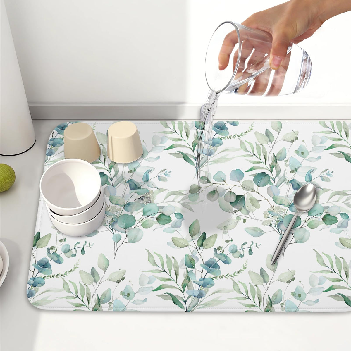 Watercolor Sage Leaves Dish Drying Mats for Kitchen Counter 16x18 Inch