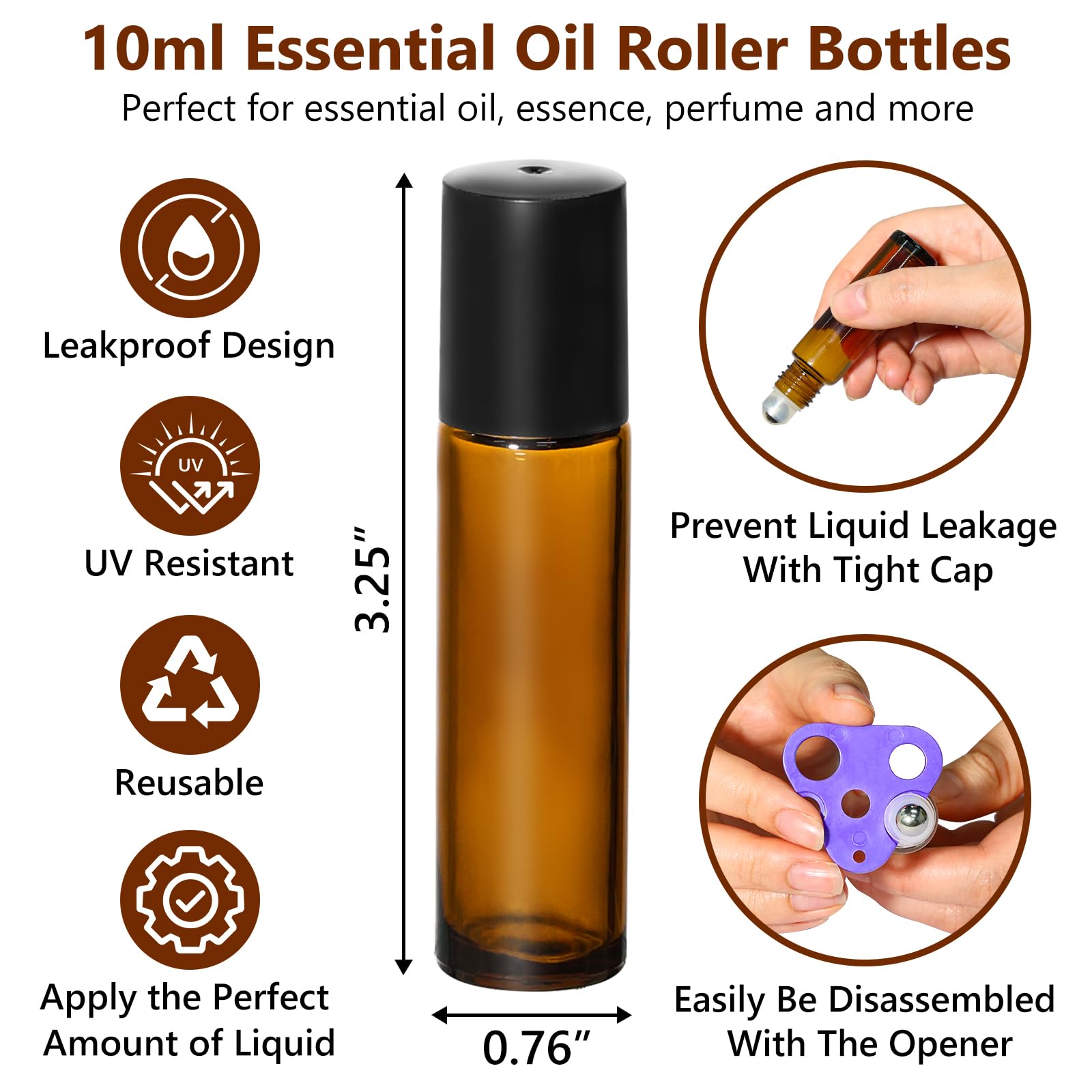 10ml Amber Glass Roller Rottles for Essential Oils (54 Count)