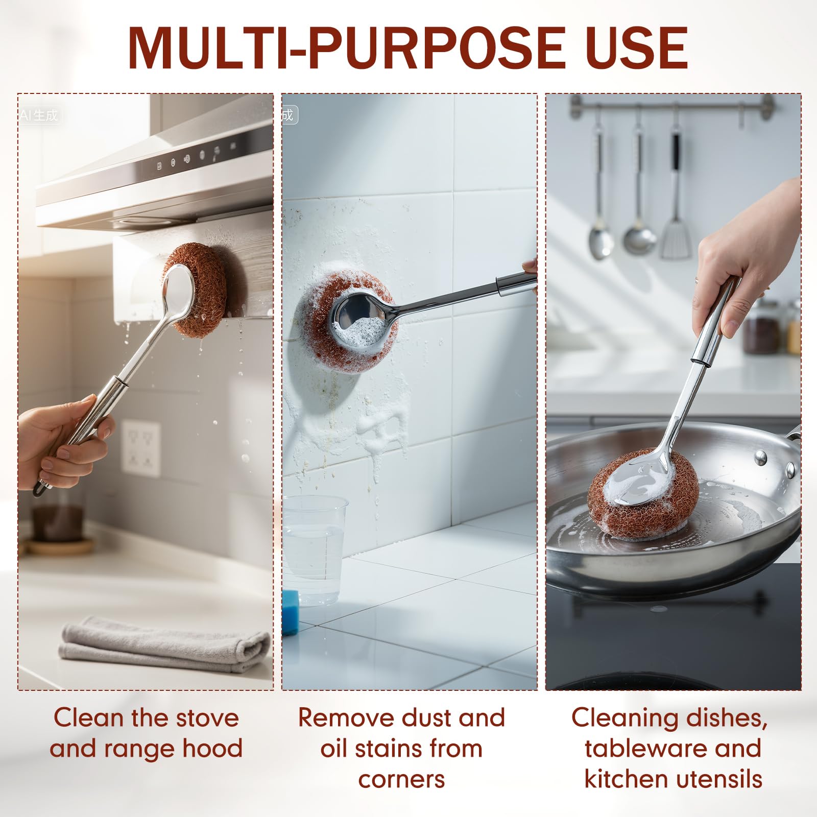 5 Pcs Copper Coated Scourers Copper Scrubbing Pads Scouring Pads 1 PC Steel Wool Scrubber Dish Brush Set with Handle Deep Cleaning Scrubber Silver for Kitchen Cleaning Dishes Pots Pans (6 Count)