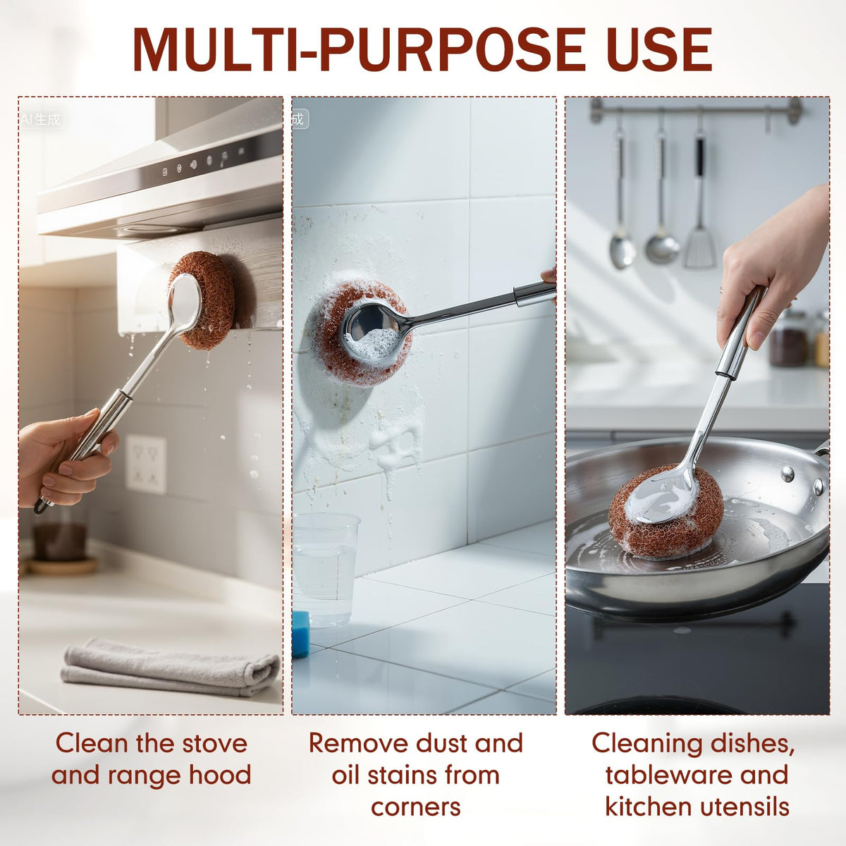 5 Pcs Copper Coated Scourers Copper Scrubbing Pads Scouring Pads 1 PC Steel Wool Scrubber Dish Brush Set with Handle Deep Cleaning Scrubber Silver for Kitchen Cleaning Dishes Pots Pans (6 Count)