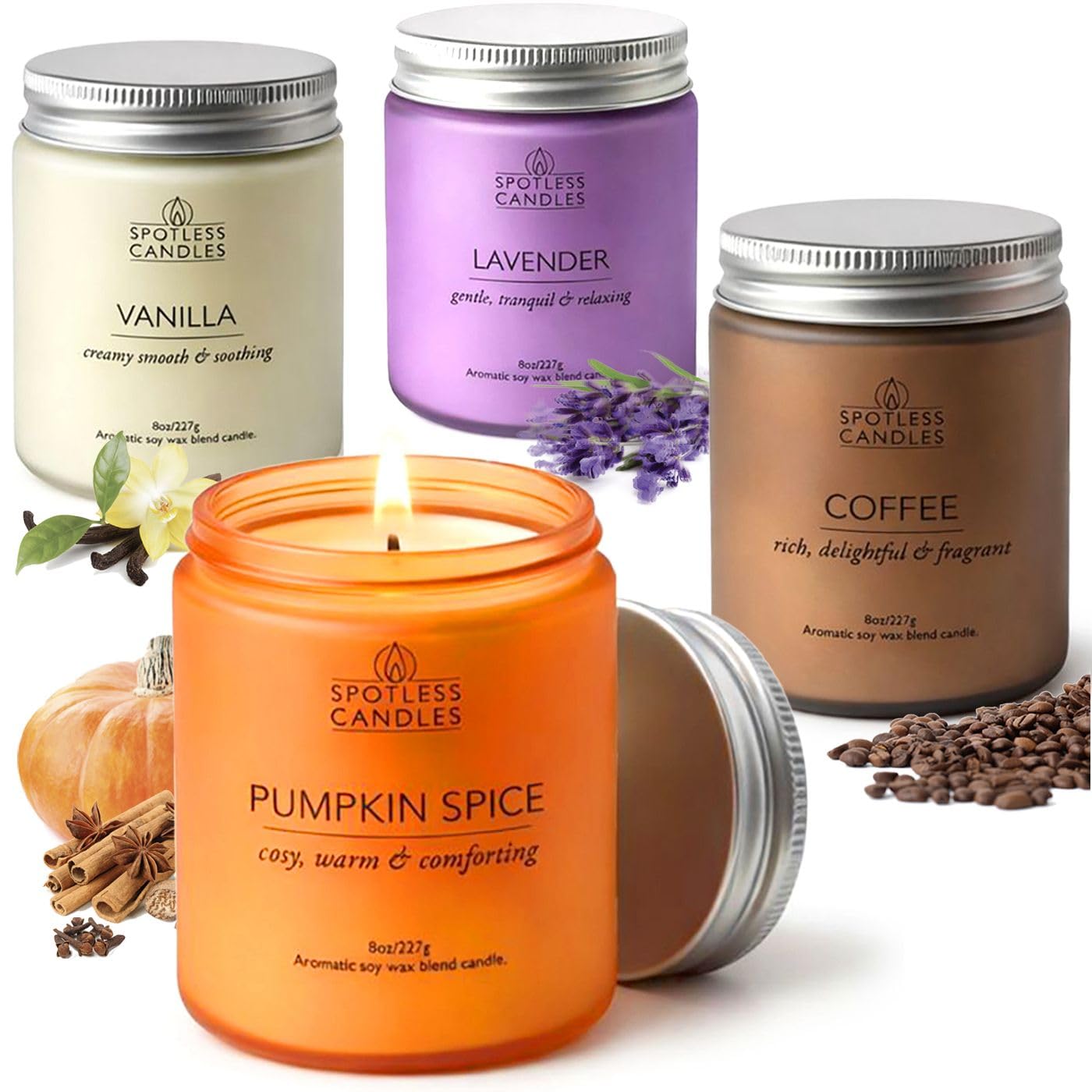 Classic Candle Gift Set; 4 x 8oz Scented Candles in Frosted Glass Jars; Coffee (4 Count)