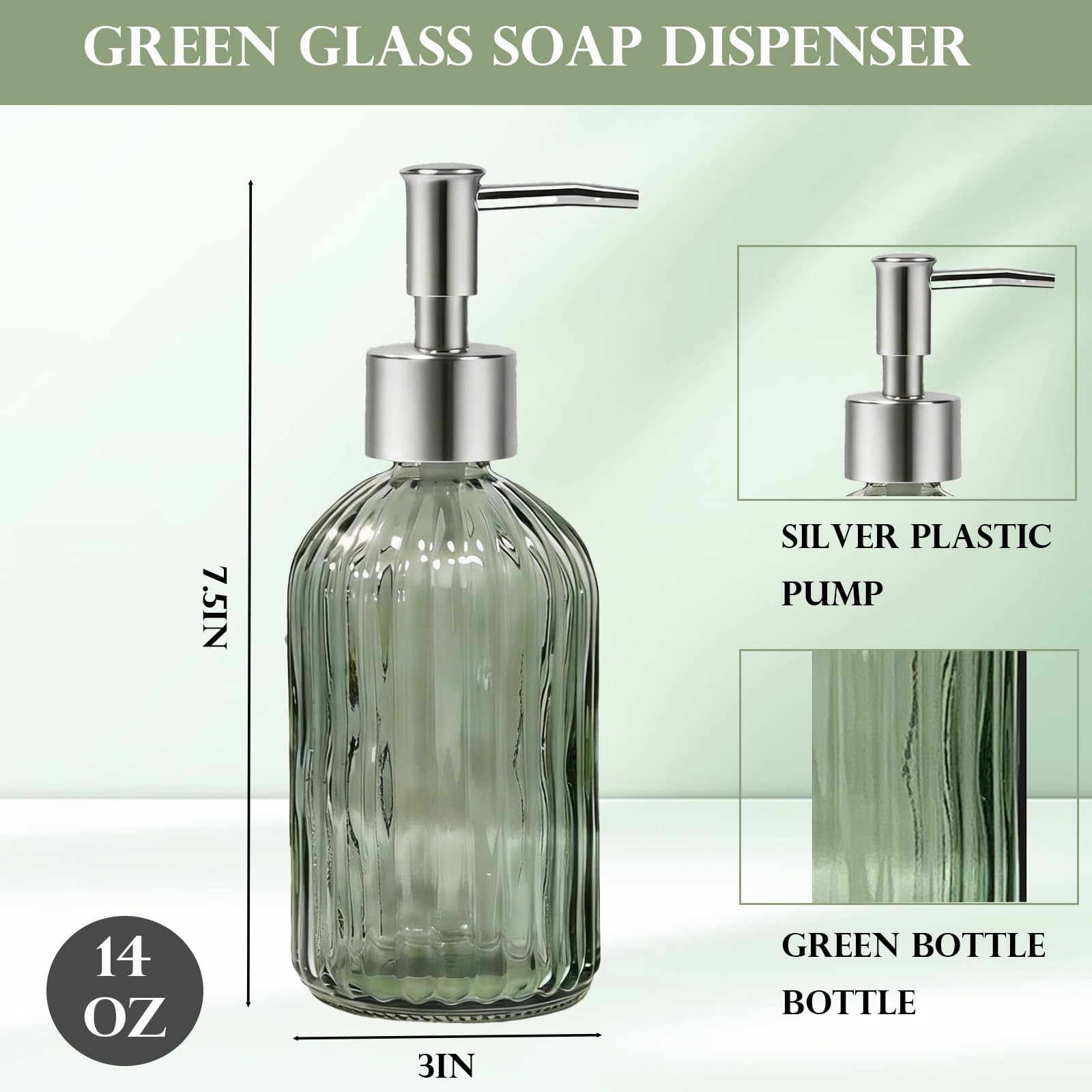 14 Oz Green Glass Soap Dispenser with Silver Plastic Pump