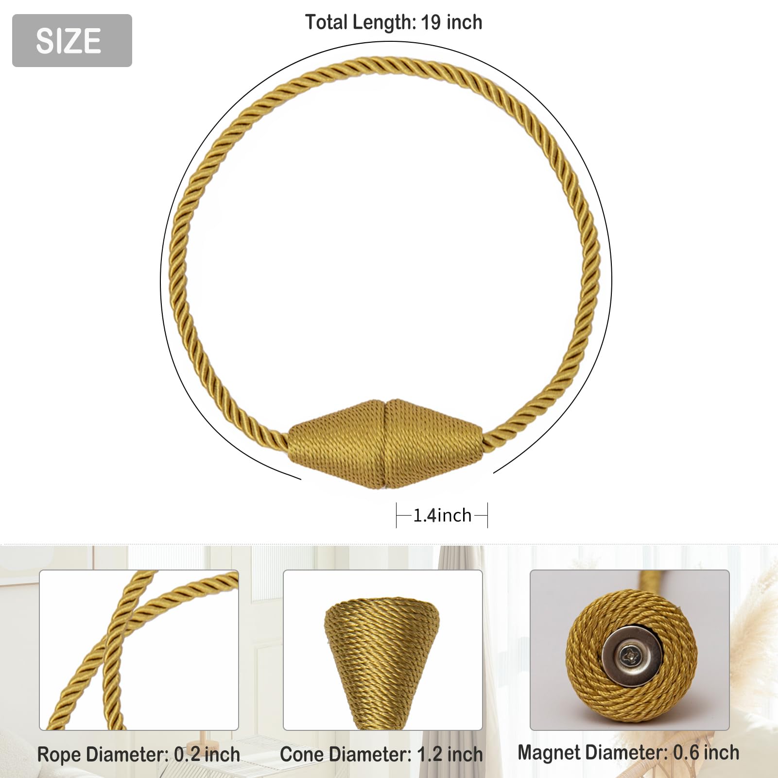 Magnetic Curtain Tiebacks 6 Pack Outdoor Rope Curtain Tie Backs Decorative Window Treatment Holdbacks for Home Decorative Curtain (6 Count)