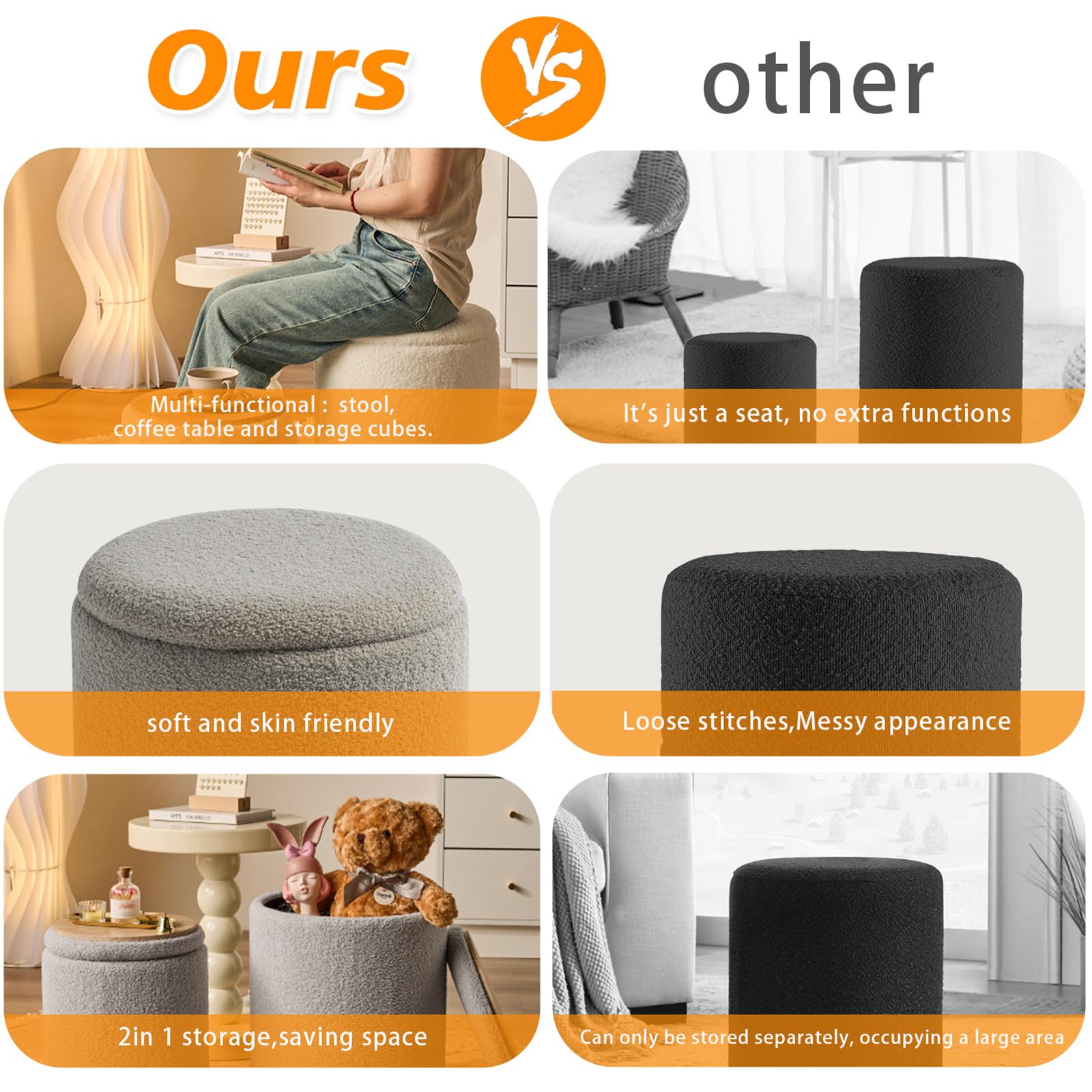 Round Ottoman with Storage Set of 2 Gray Sherpa Vanity Stool (2 Count)