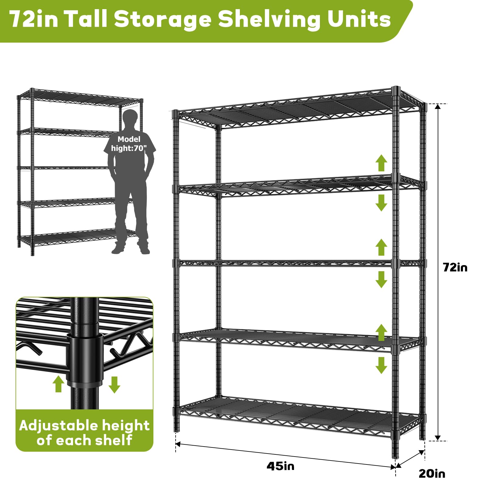 45" W x 20" D x 72" H Heavy Duty Wire Shelving Unit