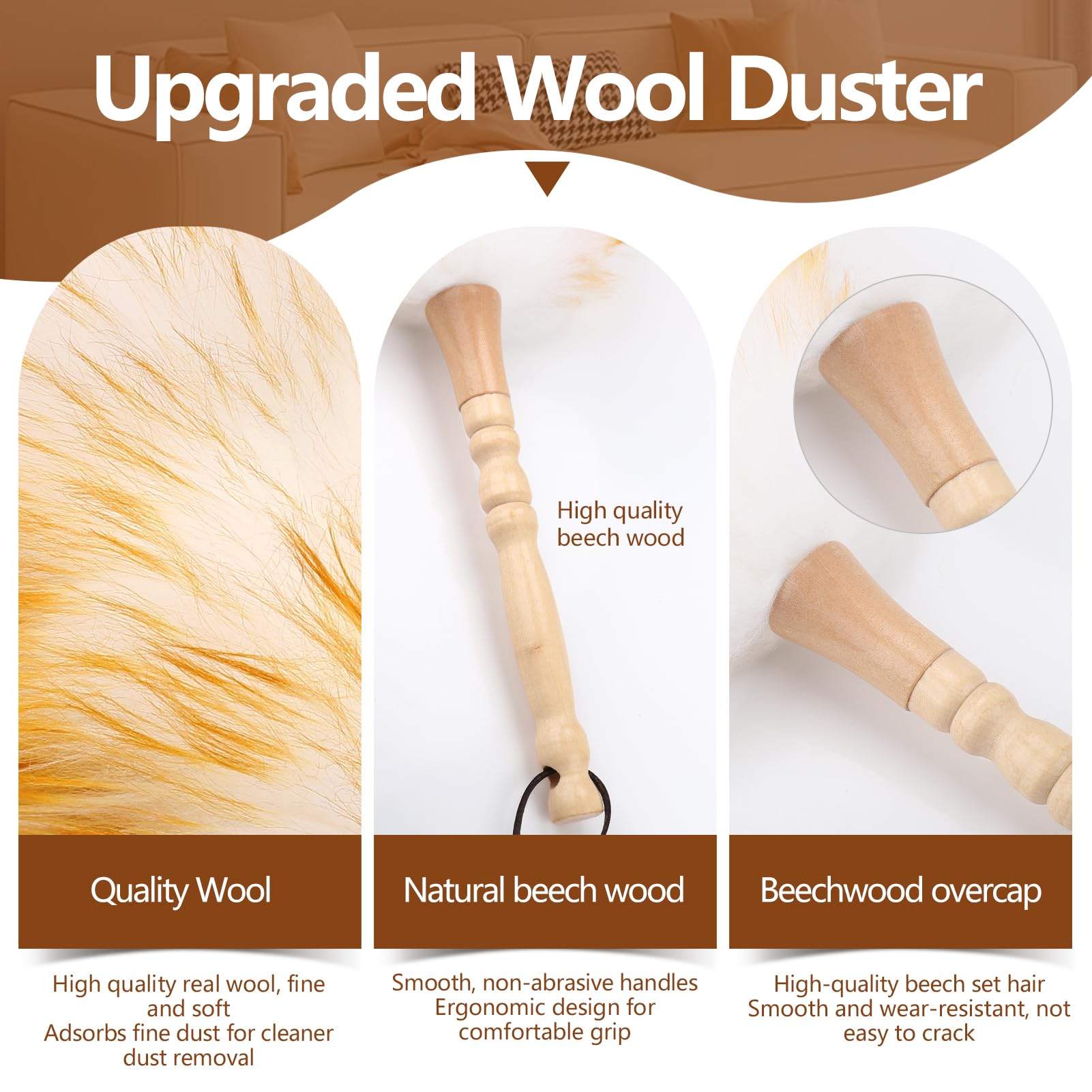 Lambswool Duster for Cleaning with Solid Wooden Handle Leather Hang Strap 19.6 inch Natural Feather Duster for Cleaning Ceiling Fans Window Blinds Computer Furniture (2 Count)