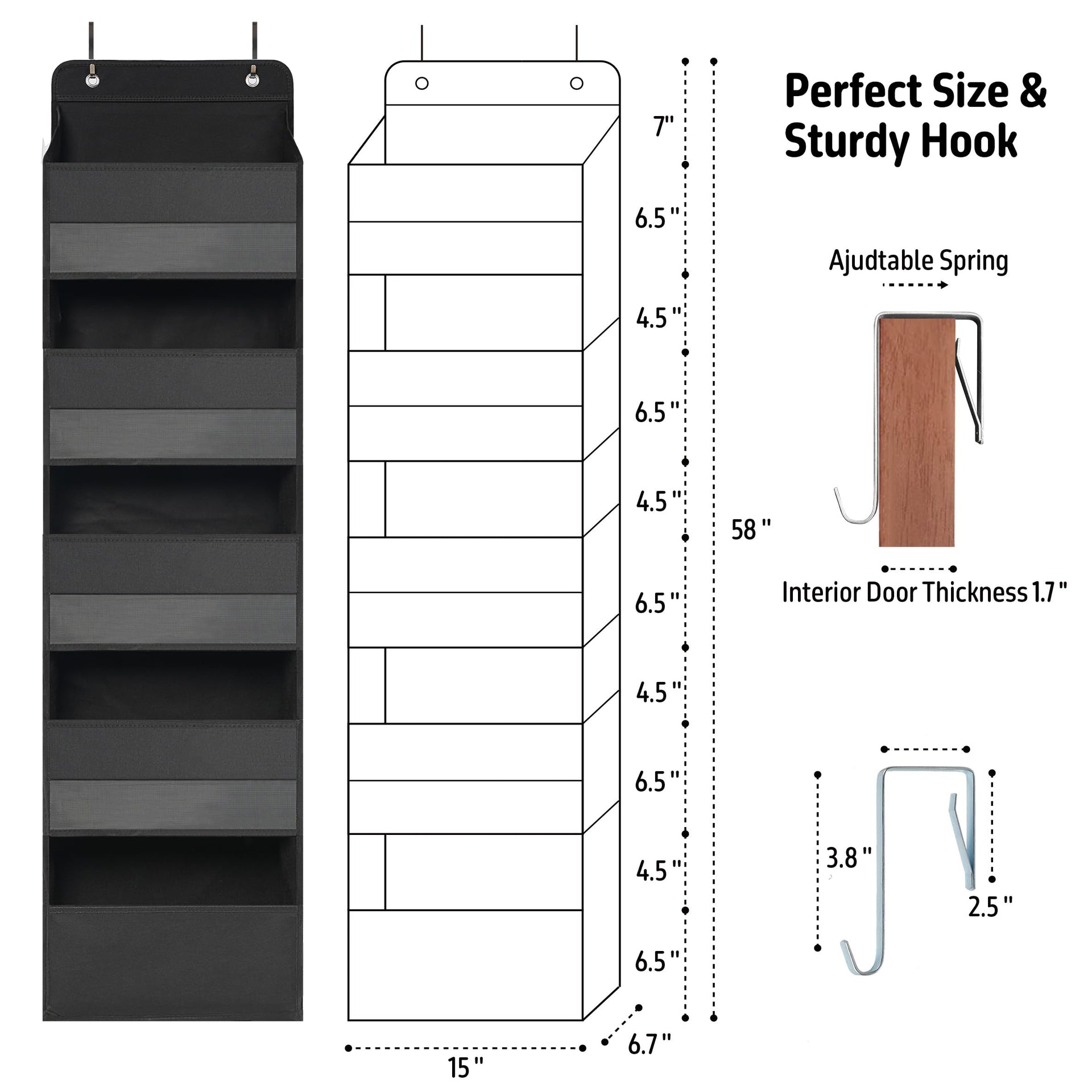 Black Over Door Organizer with 5 Large Clear Pockets and 6 Side Mesh Pockets