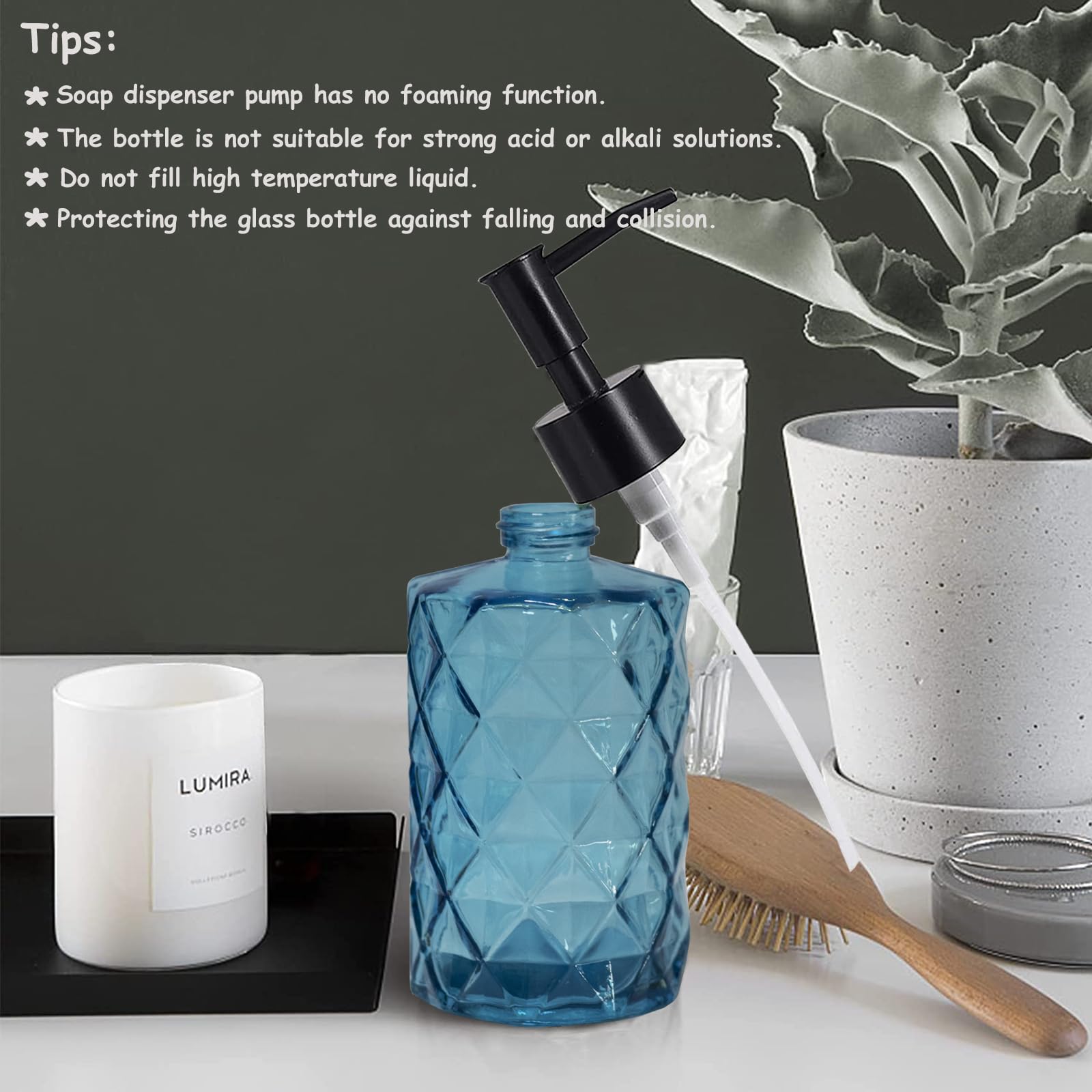 Blue Glass Soap Dispenser with Black Plastic Pump