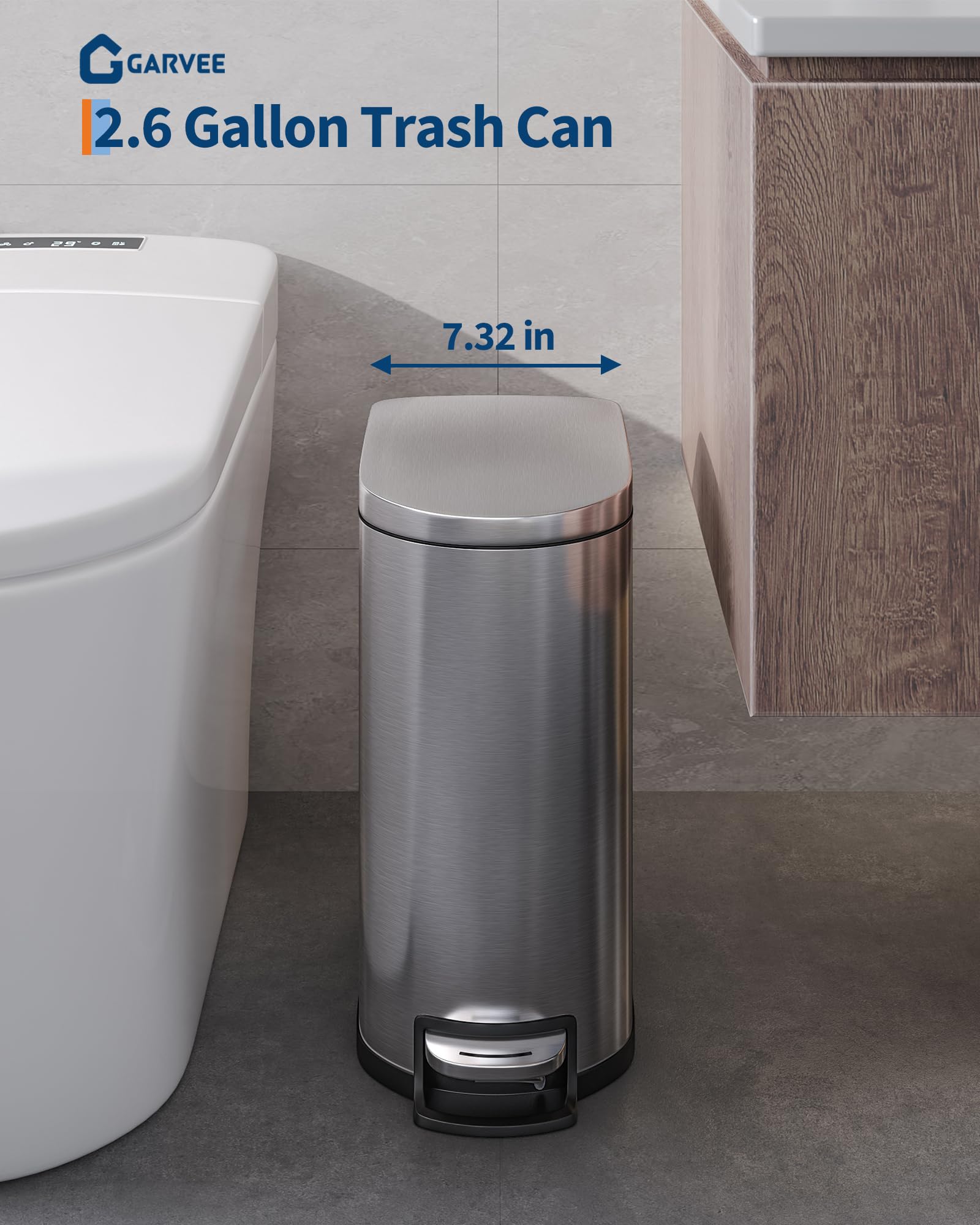 13 gal (50 L) and 2.6 gal (10 L) Stainless Steel Trash Can Combo Set, Rustproof Garbage Can with Lid for Kitchen and Bathroom, Step-on Trash Bin with Inner Bucket, Rear Handle, Silver