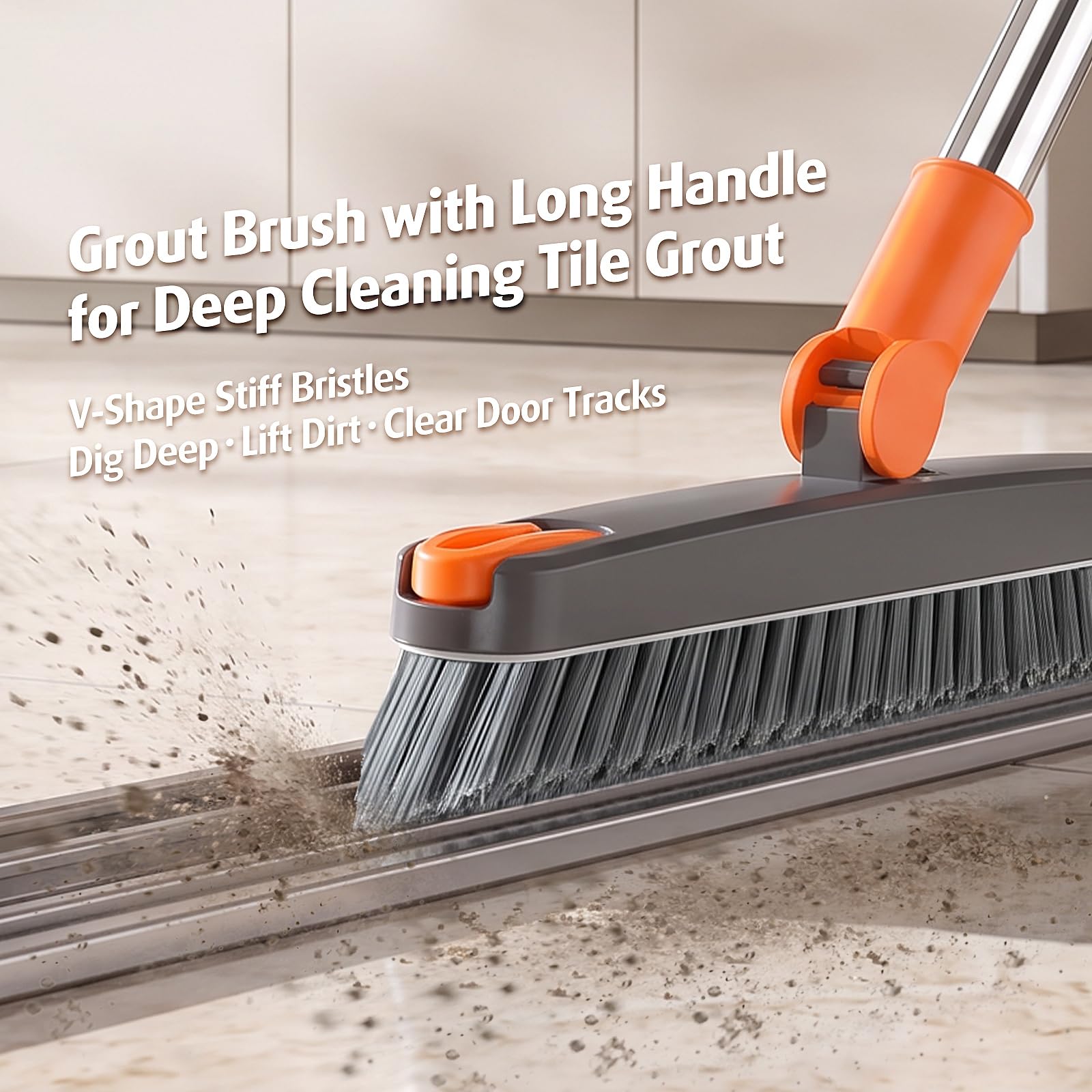 Heavy Duty Grout Scrub Brush with Long Handle & Hair Clip