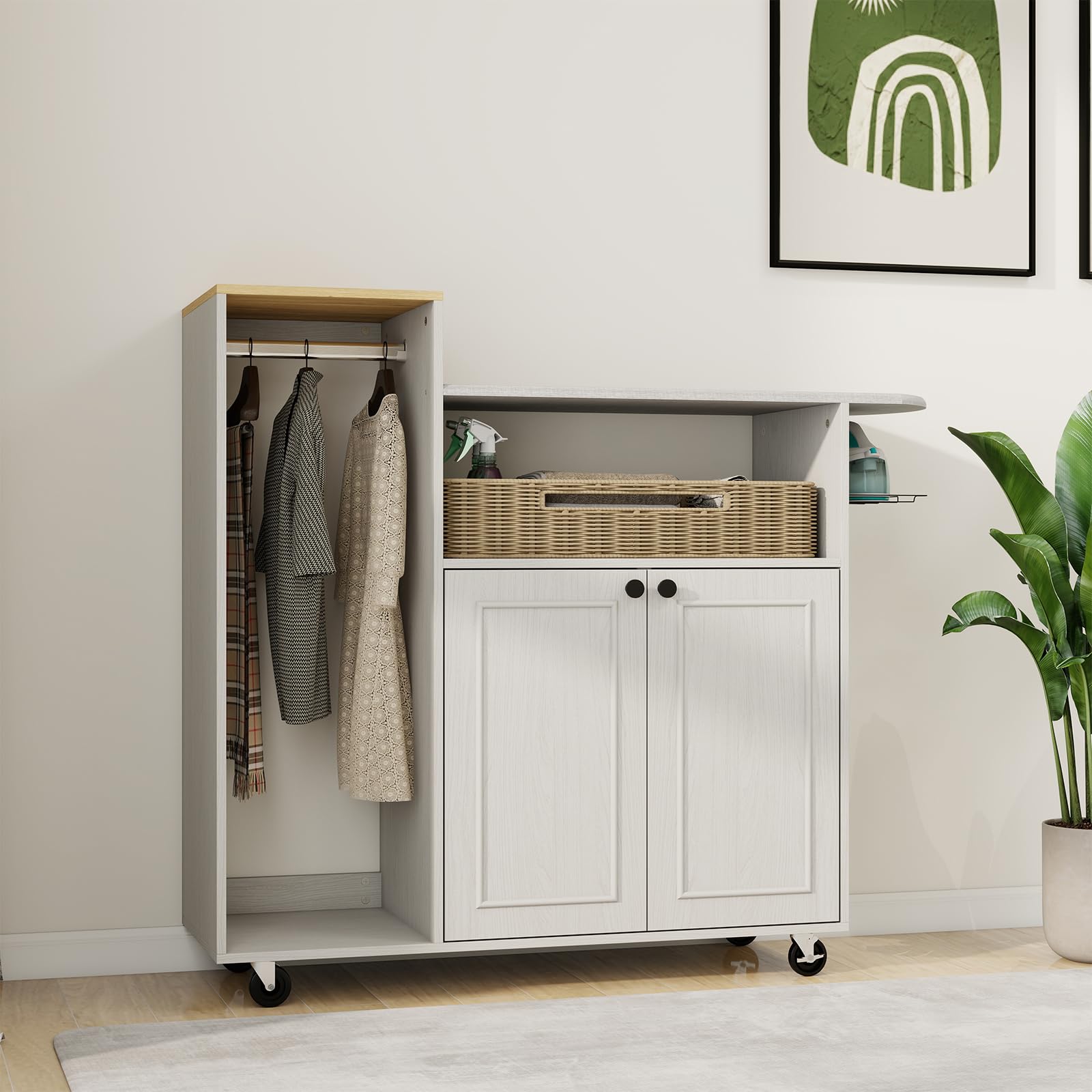Multipurpose Rolling Ironing Board with Storage Cabinet