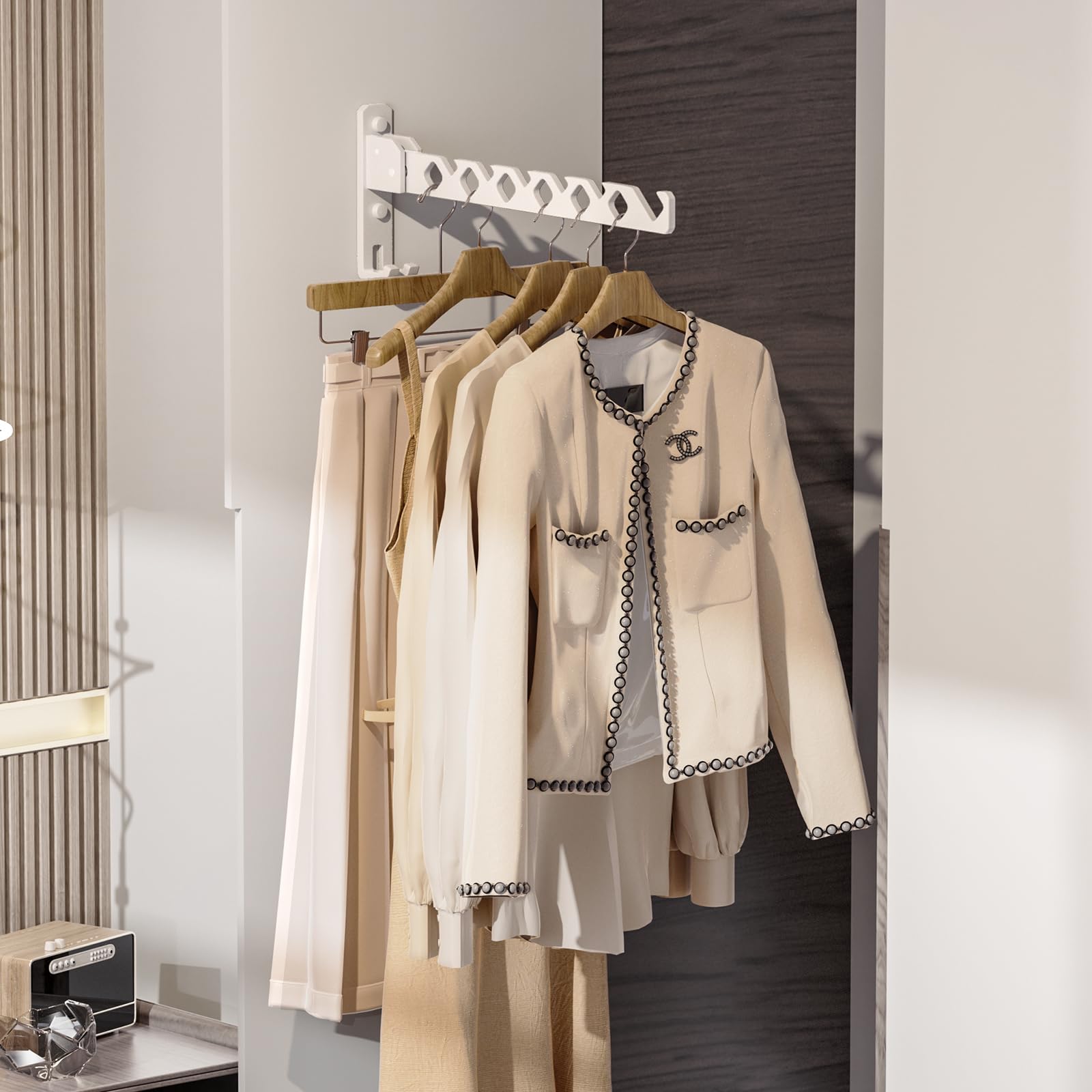 Wall Mount Coat Hanger Holder White Clothes Drying Organizer Rack Garment Hooks Aluminium Retractable Folding Indoor Wall Mounted Hanger Space Saver for Laundry Room Bedroom White 2 Pack with 8 Hooks (2 Count)
