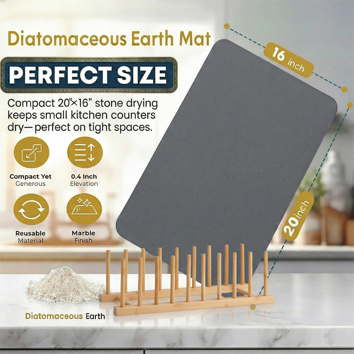 Stone Drying Mat for Kitchen Counter 5 Wooden Feet 20"×16