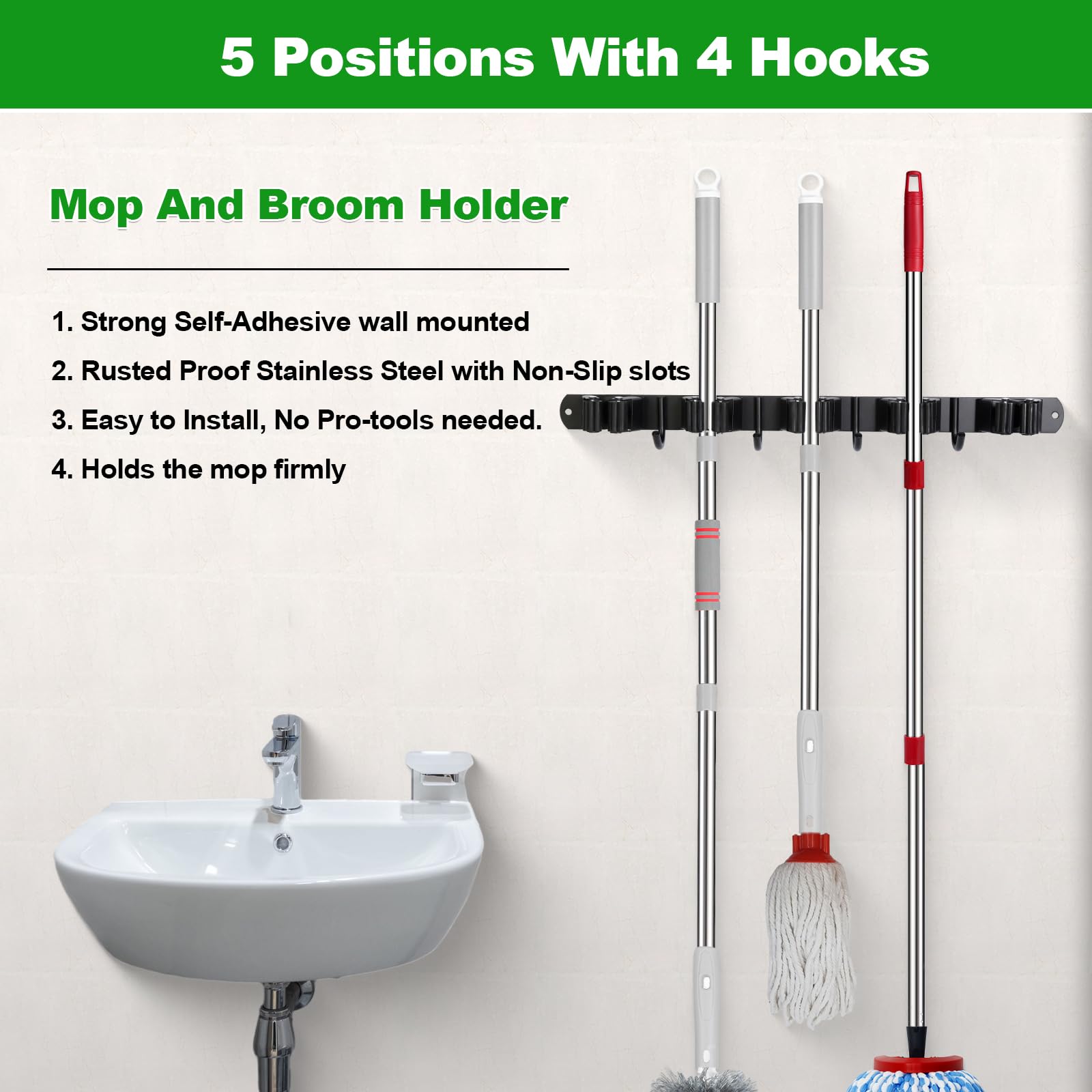 2 Pack] 5 Racks and 4 Hooks Mop and Broom Holder Wall Mount (2 Count)