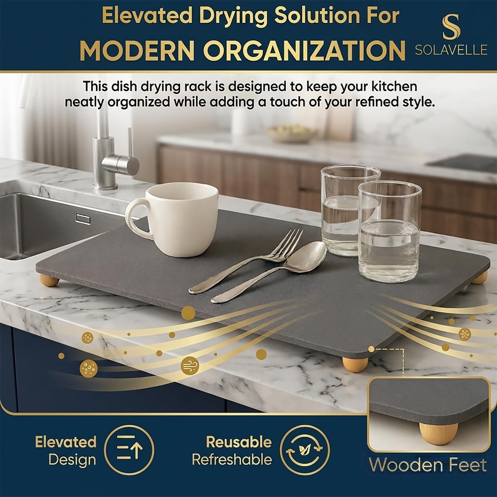 Stone Drying Mat for Kitchen Counter 5 Wooden Feet 20"×16