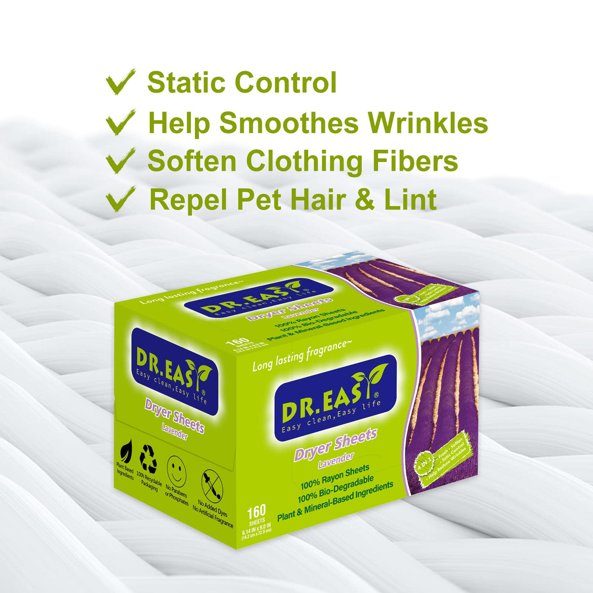 Dr.Easy Dryer Sheets Lavender Plant Based all ingredients for Sensitive Skin 160 Ct 100% Rayon Fabric Softener sheet for laundry No Dyes Reduce Static & Wrinkles Soften Clothes Help Repel Pet Hair (160 Count)