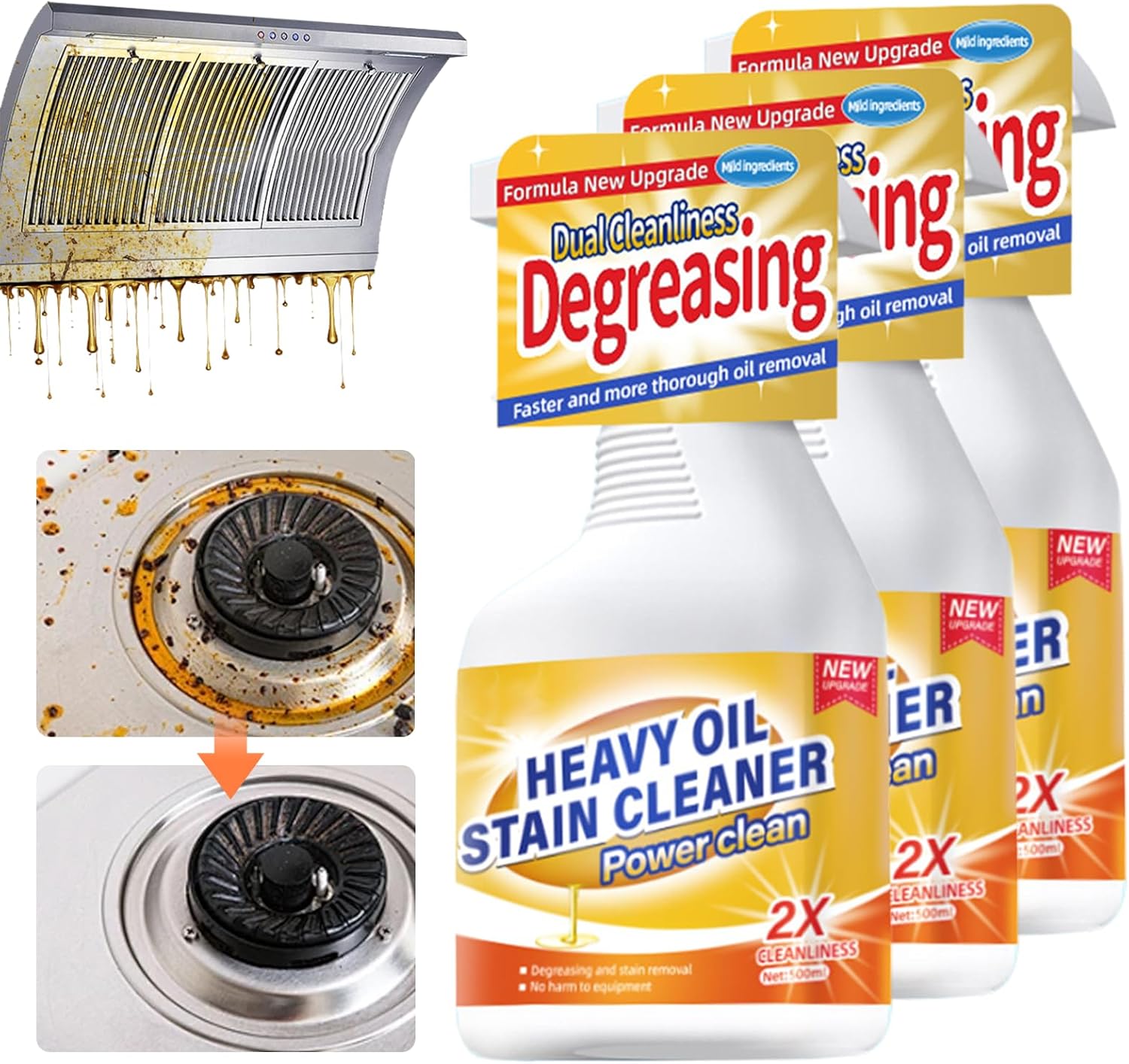 Kitchen Heavy Oil Cleaner, 2025 Newly Upgraded Heavy Duty Oil Stain Remover, 500 ML Multipurpose Cleaner Spray, Kitchen Degreaser Spray for Stovetops, Ovens, Range Hoods (3) - ModHome Supplies