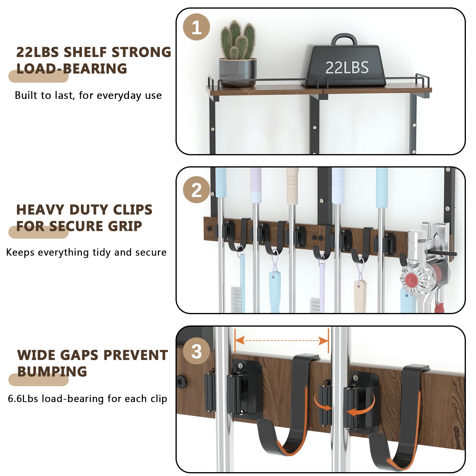 Broom and Mop Organizer Wall Hanging with Cleaning Supplies Organizer