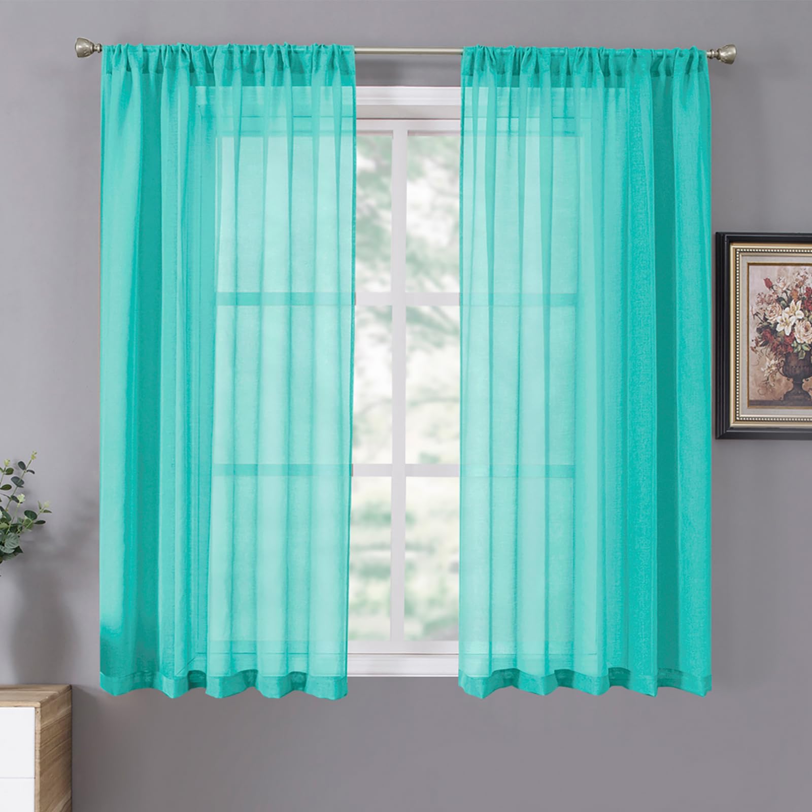 Short Sheer Curtain Linen Textured Bedroom Curtains Sheer Light Filtering Rod Pocket Voile Curtain for Living Room (2 Count)