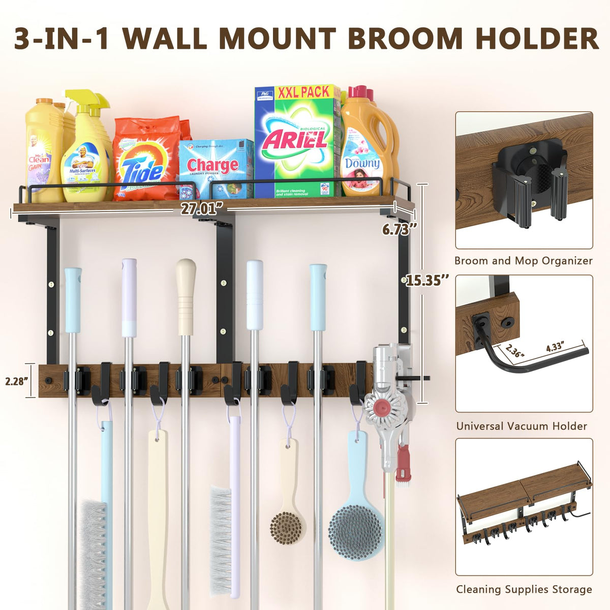 Broom and Mop Organizer Wall Hanging with Cleaning Supplies Organizer