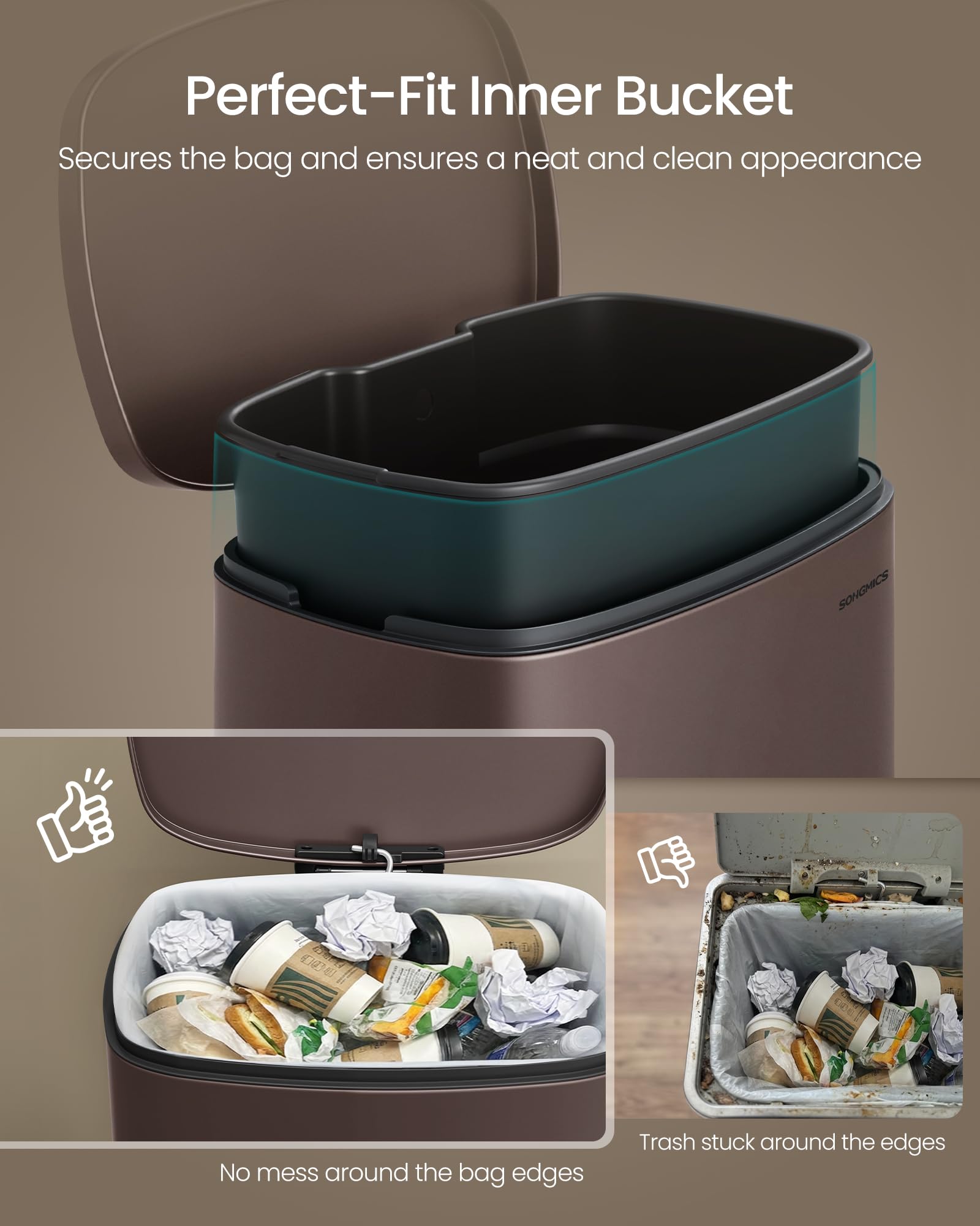 20-Gallon (75 L) Trash Can, Stainless Steel Kitchen Garbage Can, Recycling or Waste Bin, Soft Close, Step-On Pedal, Removable Inner Bucket, Brown ULTB075MZ01