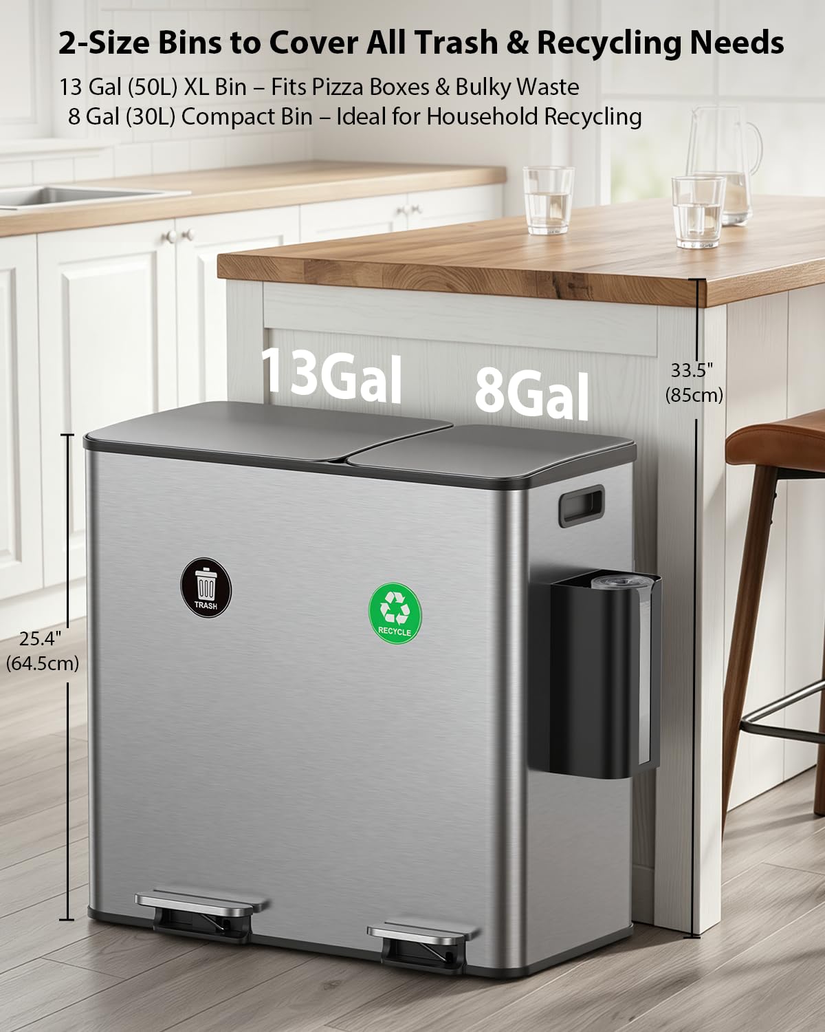 Dual Trash and Recycling Bins for Kitchen (2 Count)