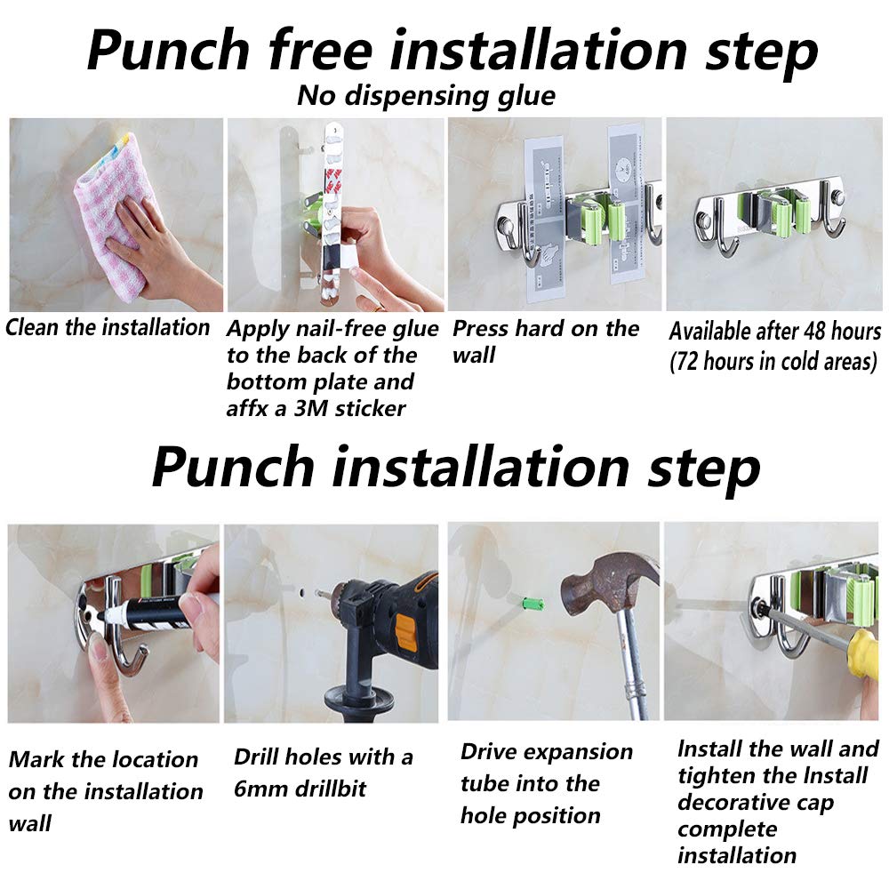 4 PCS Broom Holder Wall Mount with 3 Racks 4 Hooks (4 Count)