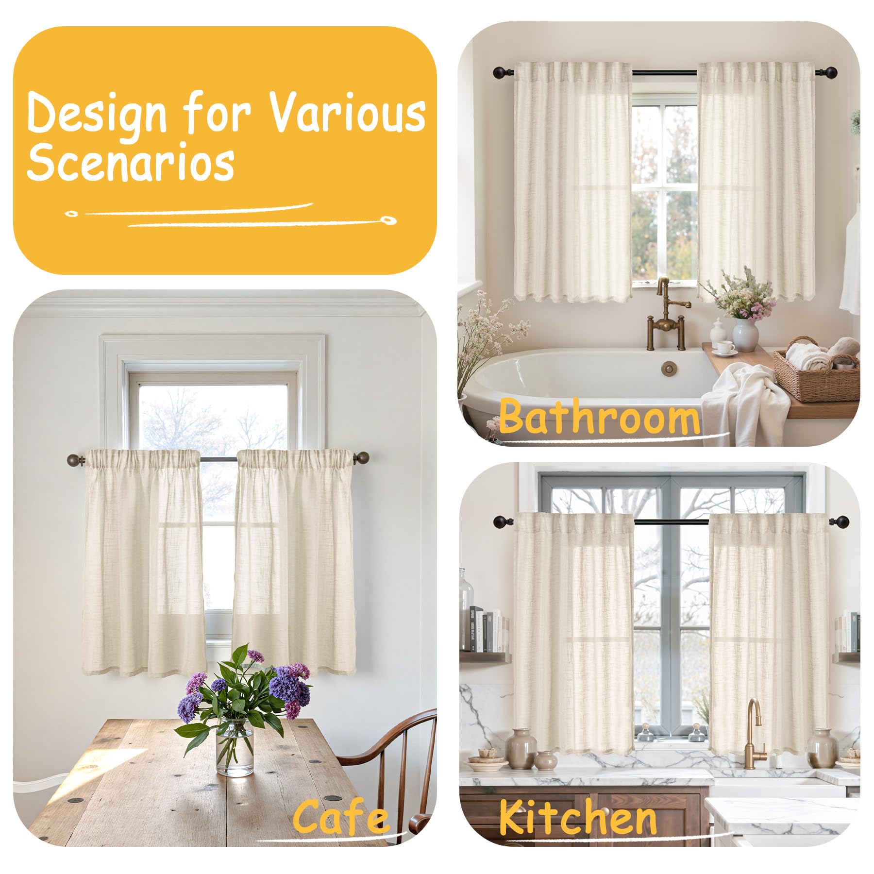 Oatmeal Linen Semi Sheer Curtains 34X48 Inch Long 2 Panels Set (2 Count)