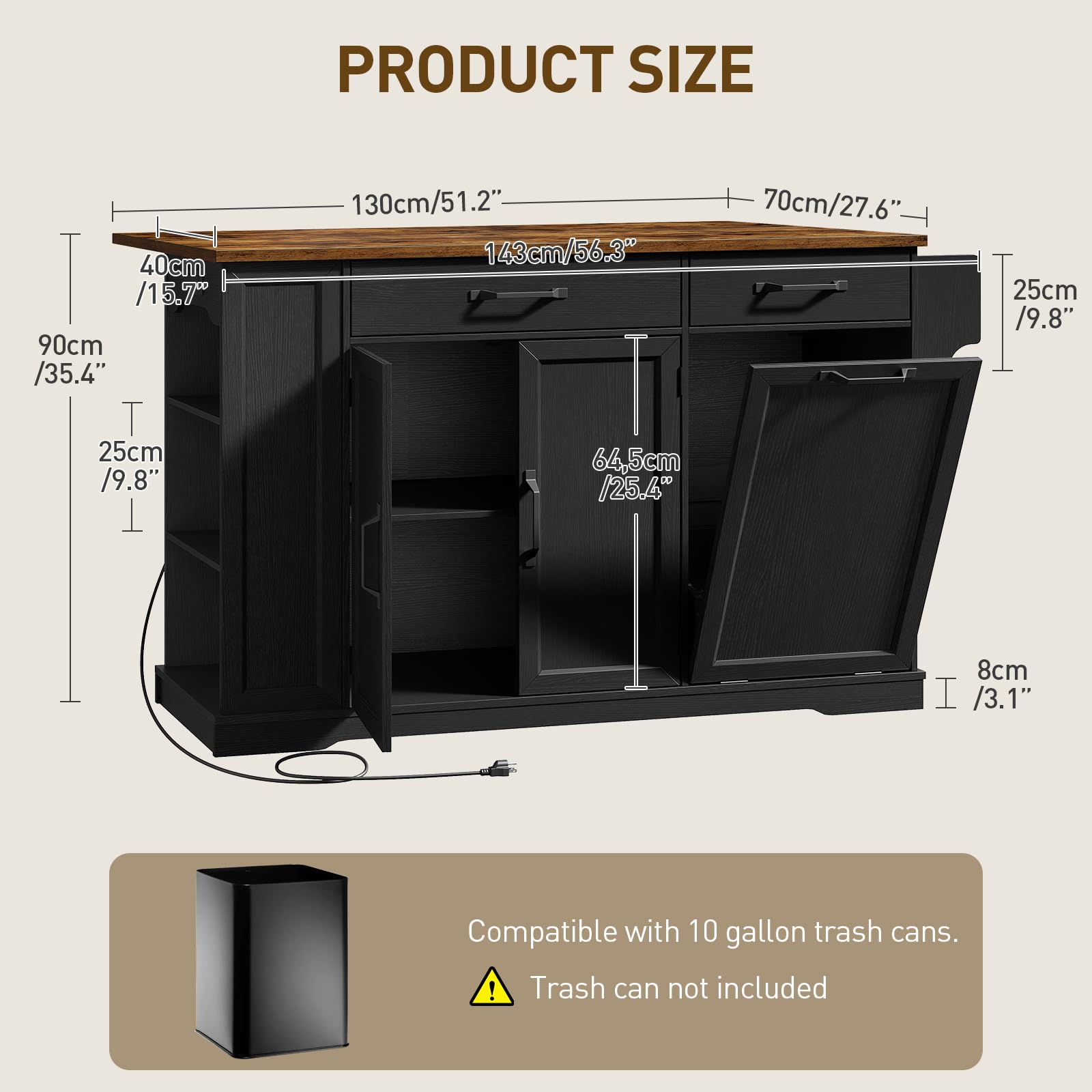 Kitchen Island with Power Outlet & Drop Leaf