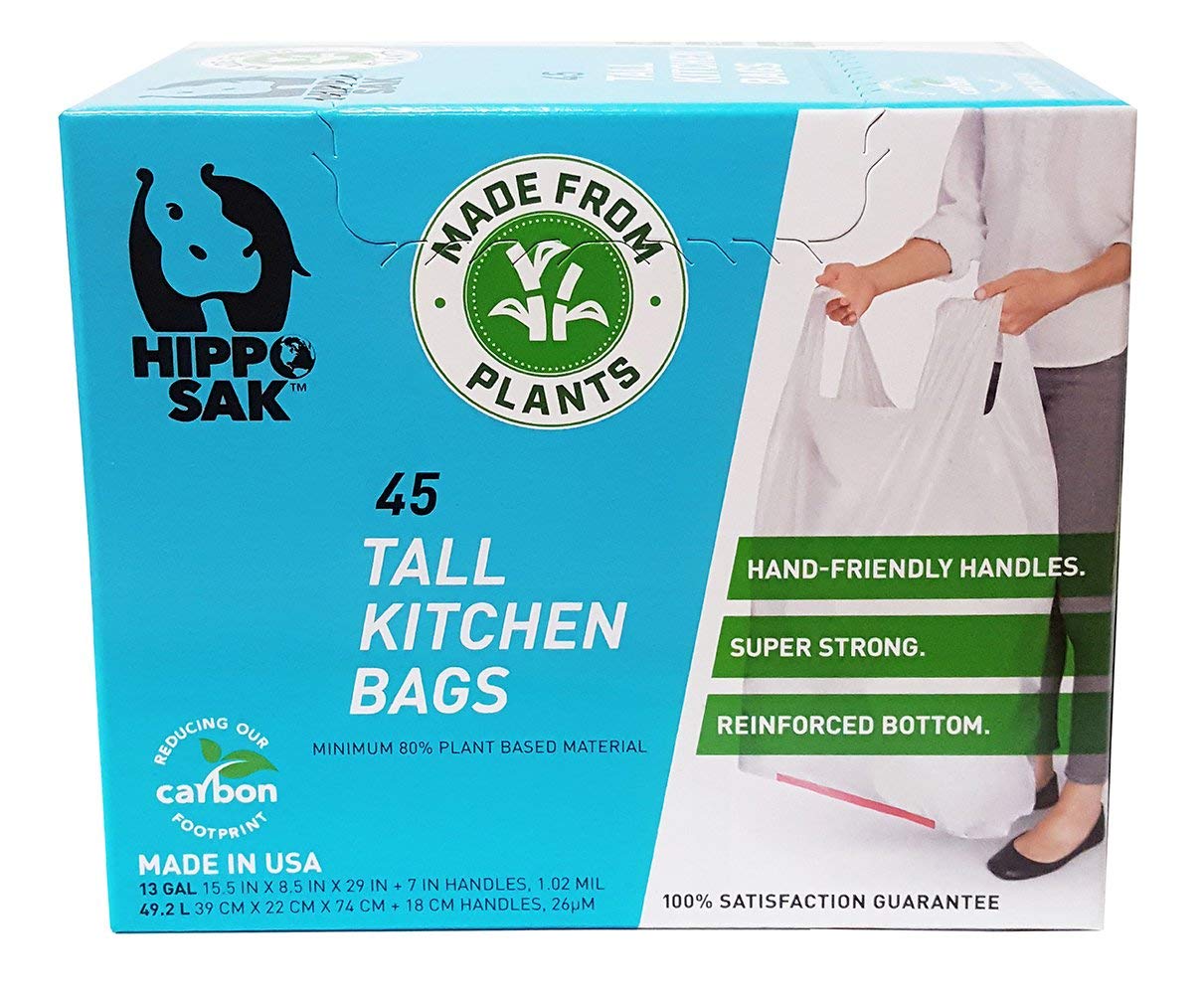 Plant Based Tall Kitchen Garbage Bags with Ergonomic Handles (45 Count)