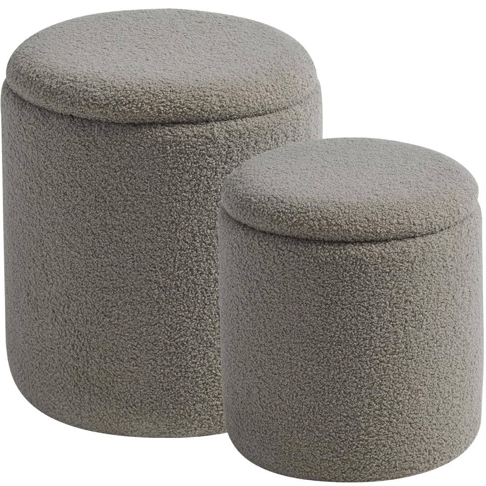Round Ottoman with Storage Set of 2 Gray Sherpa Vanity Stool (2 Count)