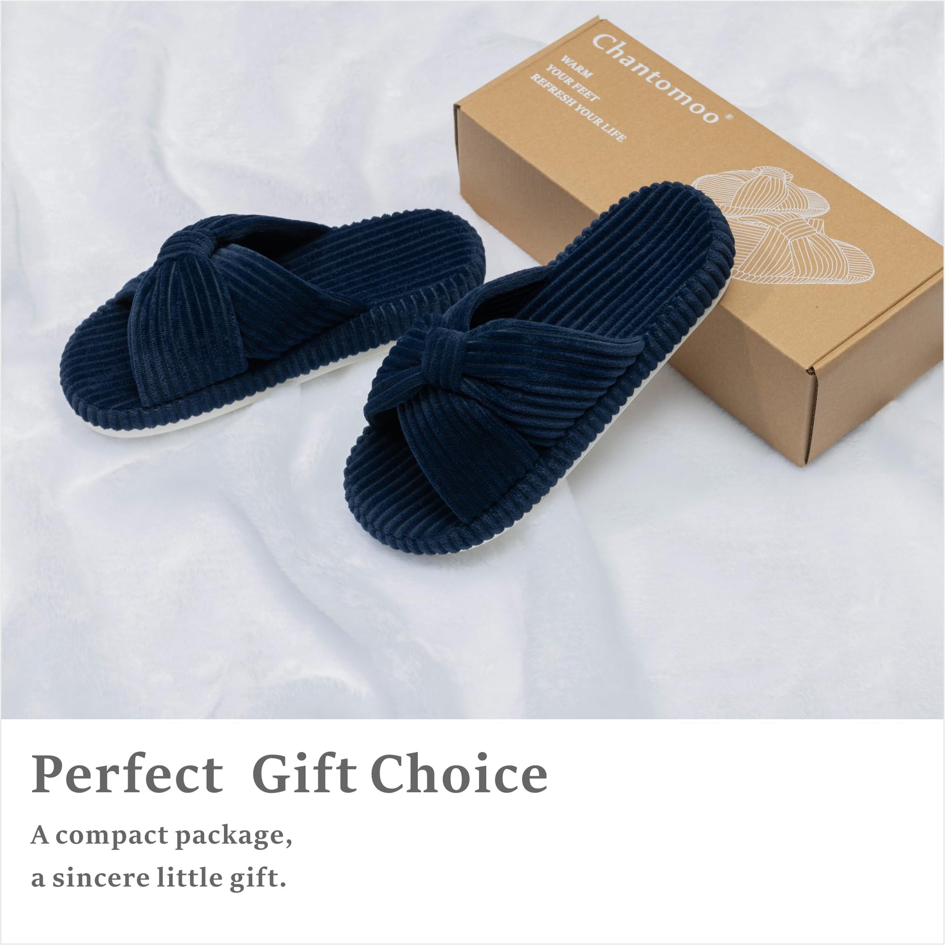 Slippers for Women Memory Foam House Bedroom Corduroy Bow Crossbands Slipper Shoes Comfy Trendy Gift Slippers Navy Blue Size 11 12 10.5