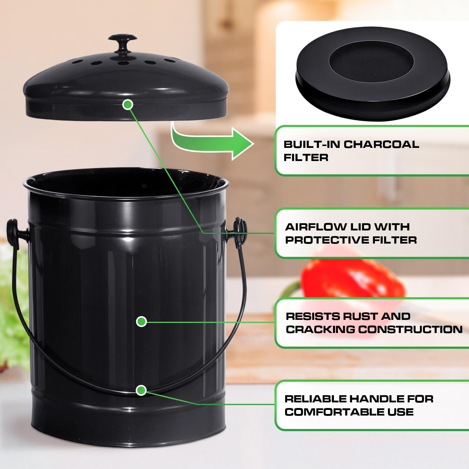 Countertop Compost Bin Kitchen Indoor with Lid