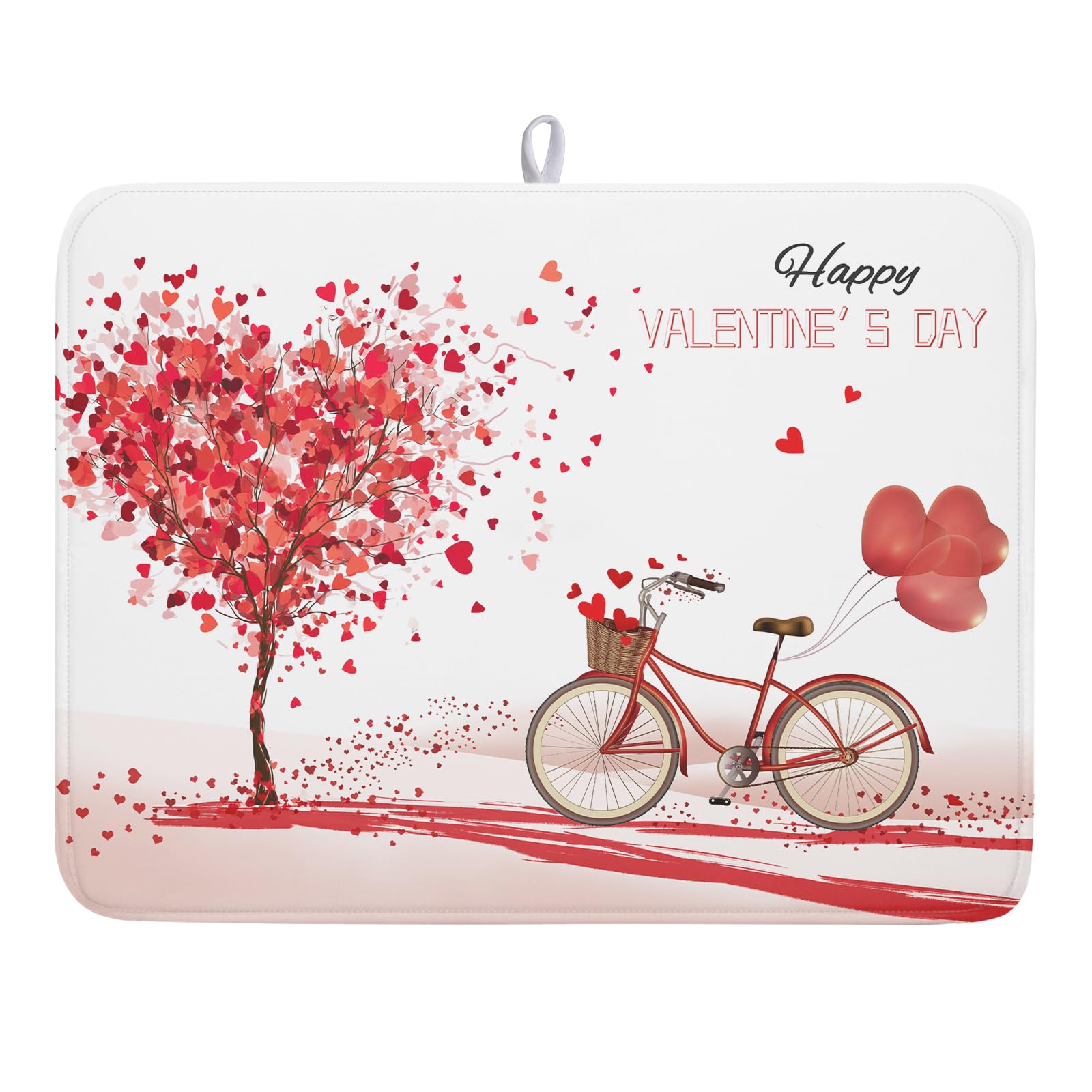 Romantic Valentine's Day Dish Drying Mat for Kitchen Valentines Bike and Tree Dish Drying Pad 18x24 Absorbent Reversible Happy Valentine Dishes Drainer Pad Holiday Dish Drying Rack Mat for Countertop