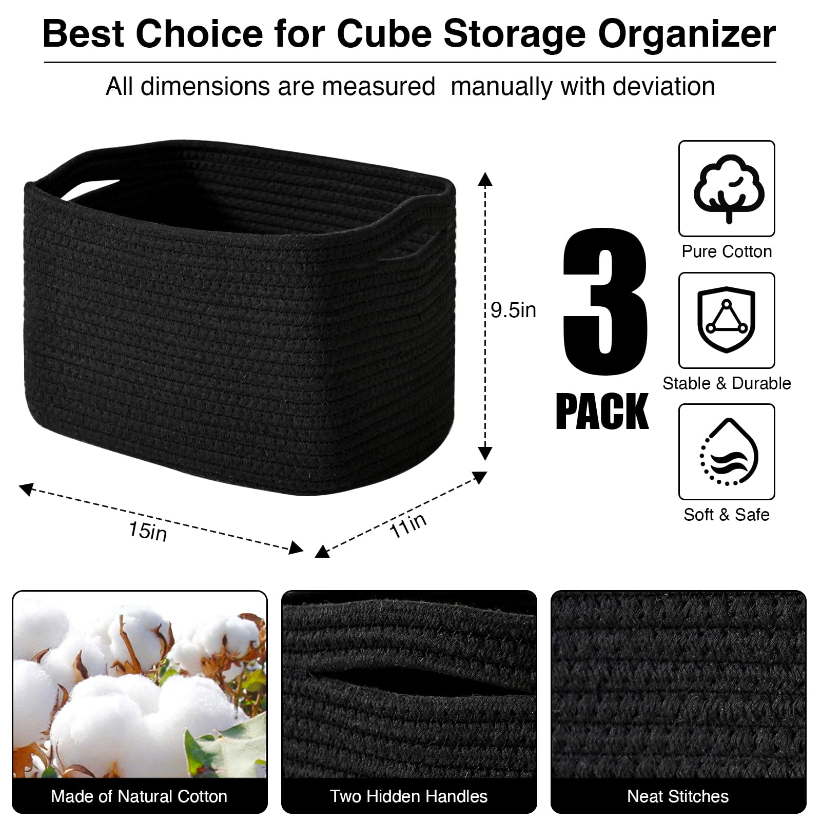 Black Storage Baskets for Organizing Shelves (3 Count)