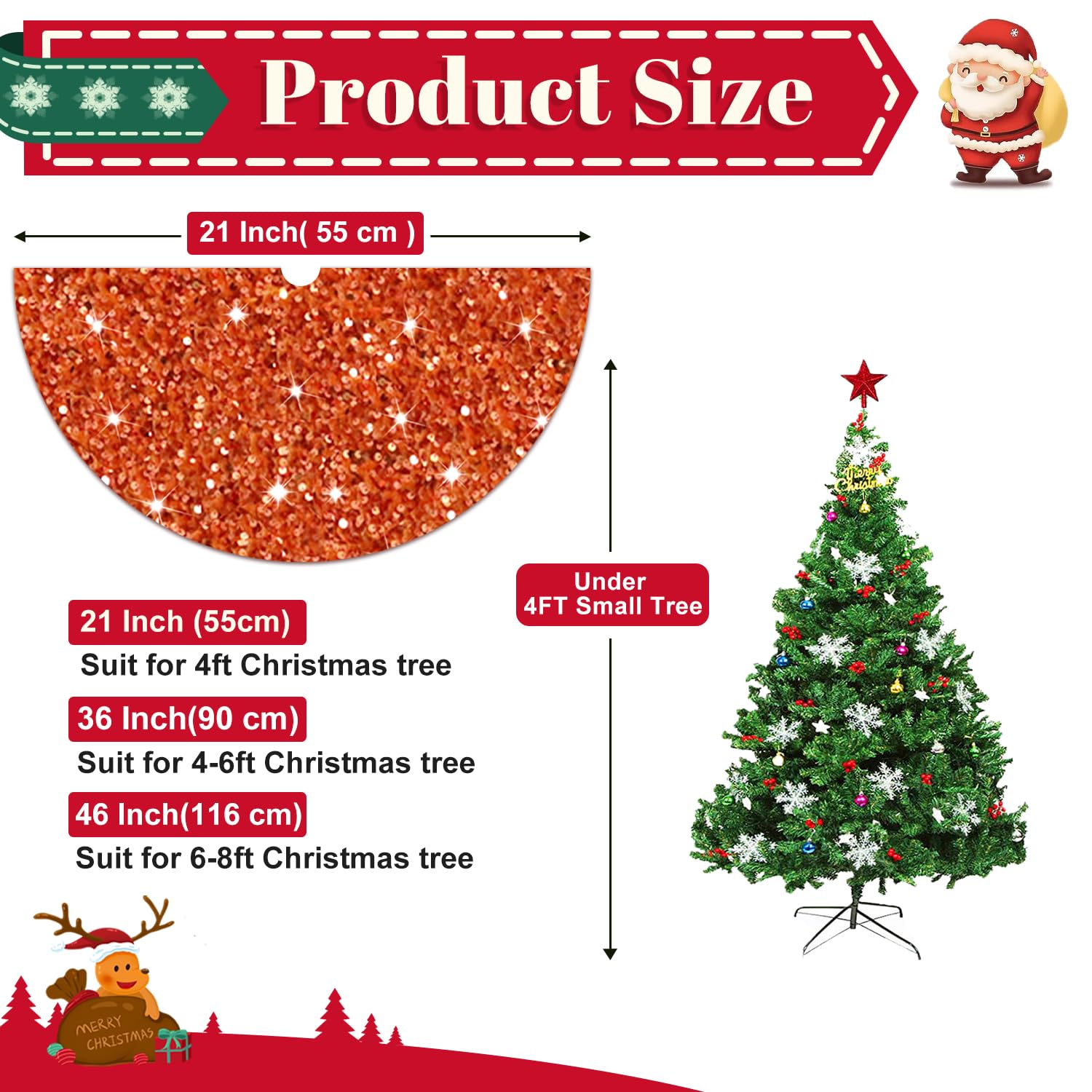 Glitter Christmas Tree Skirts 21 inch Orange Sequins Fall Tree Skirt Velvet Tree Mat for Pencil Tree Paillette Sparkly Tree Skirt Cover Thanksgiving Christmas Tree Carpet