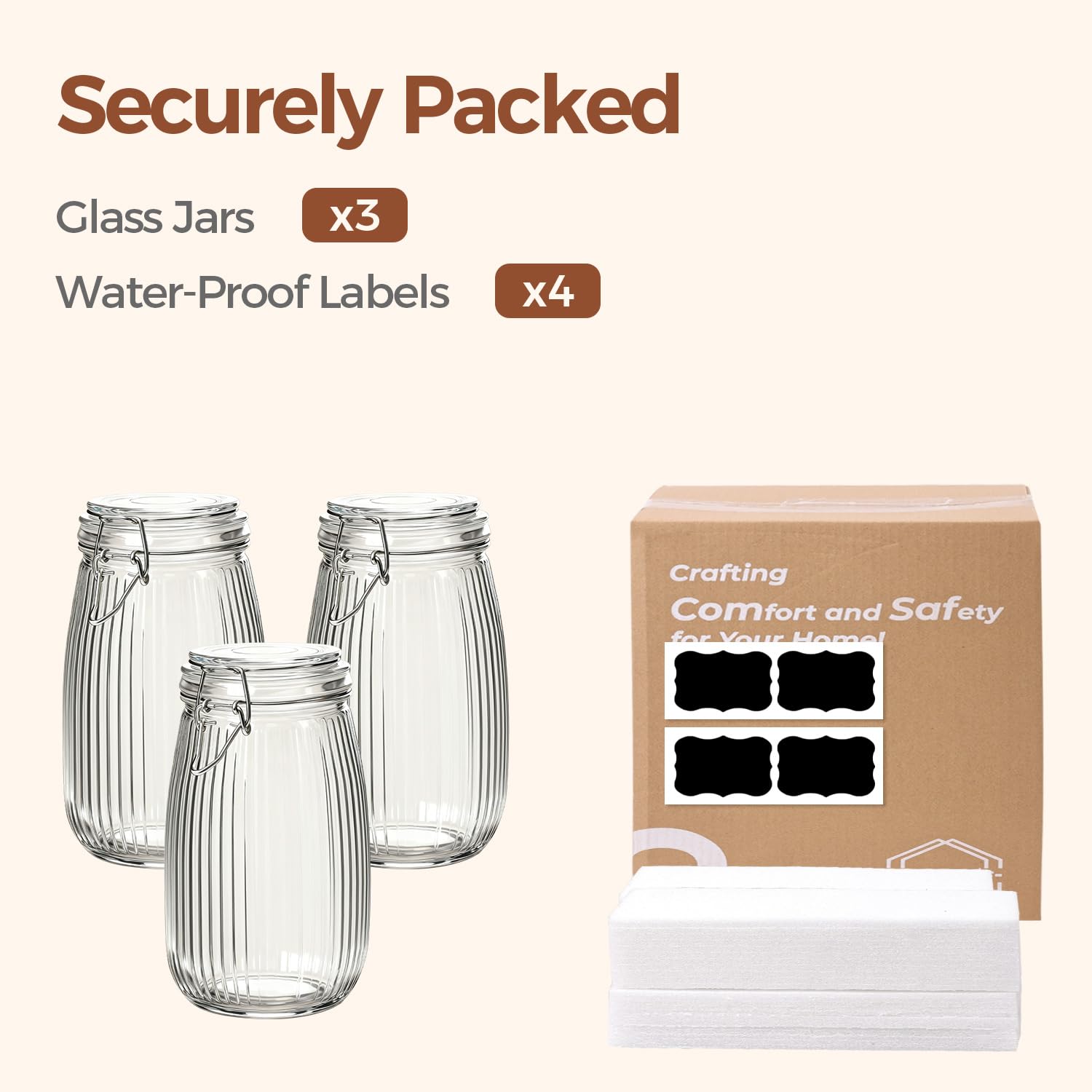 Large Ribbed Glass Jars with Airtight Lids 51 oz 3 Pack Wide Mouth (3 Count)