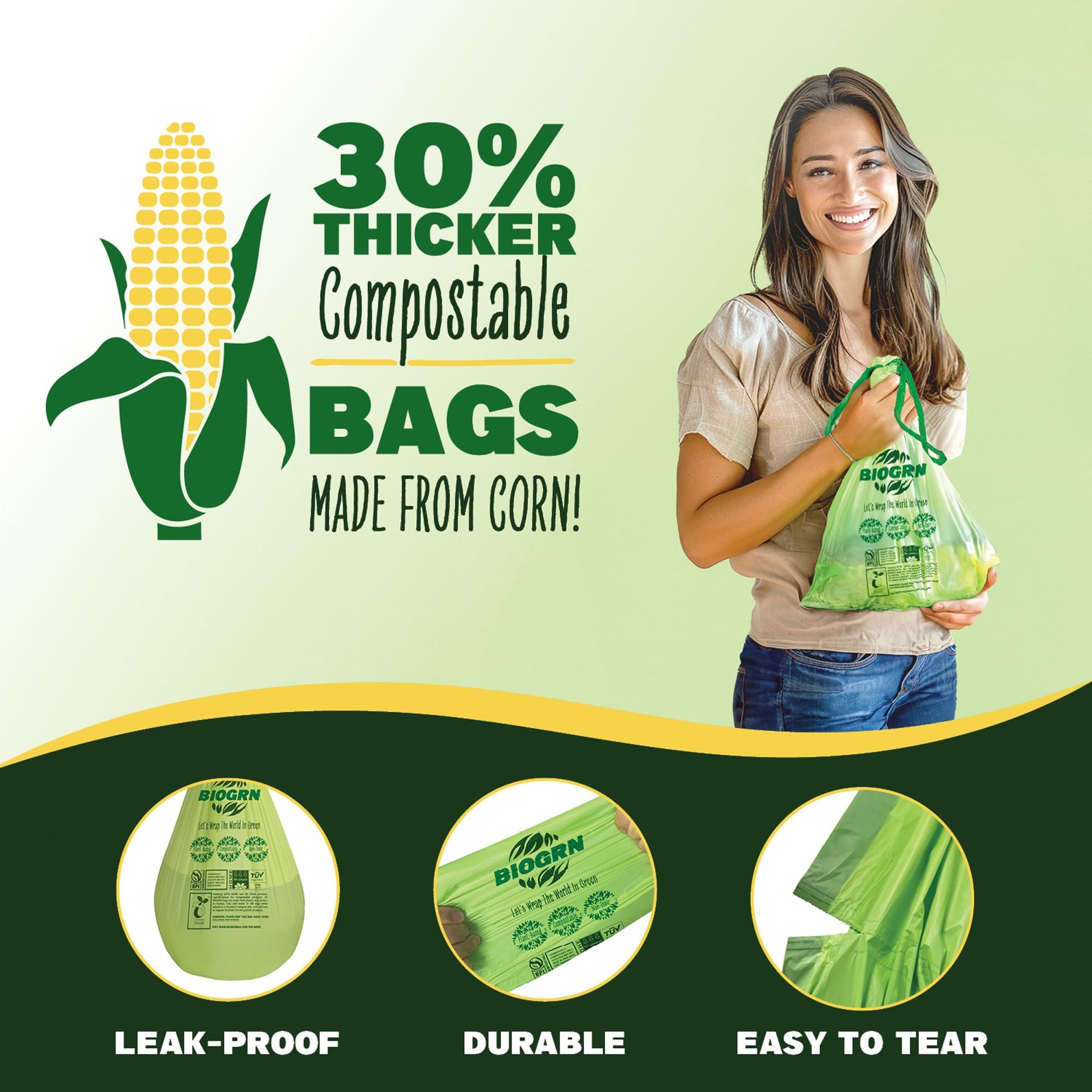 2.6 3 Gallon Compostable Trash Bags Drawstring 50 Bags Extra Thick 1 Mil 11.36 Liter Small Biodegradable Trash Bags for Kitchen Countertop Bin ASTM D6400 (50 Count)