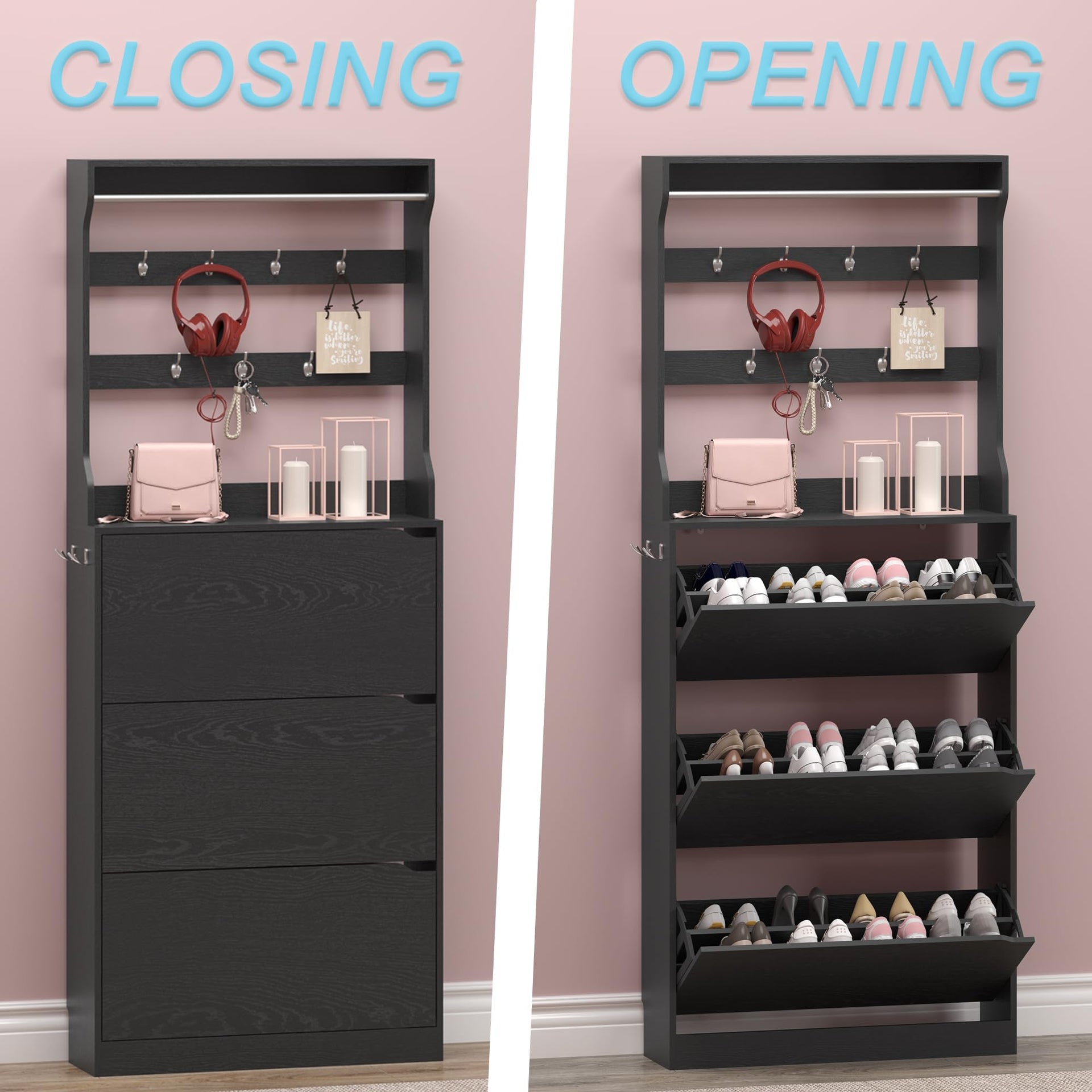 Shoe Cabinet with 3 Flip Drawers & Coat Rack
