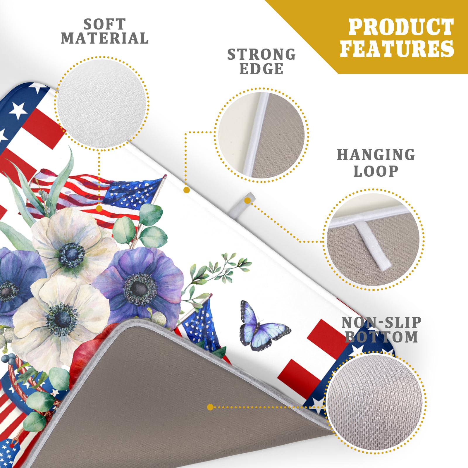 American Flag 4th of July Dish Drying Mats for Kitchen Counter Patriotic Flowers Dry Dishes Pads 16x18 Inch Microfiber Absorbent Independence Day Drainer Pad Tableware Mats Protector for Countertops