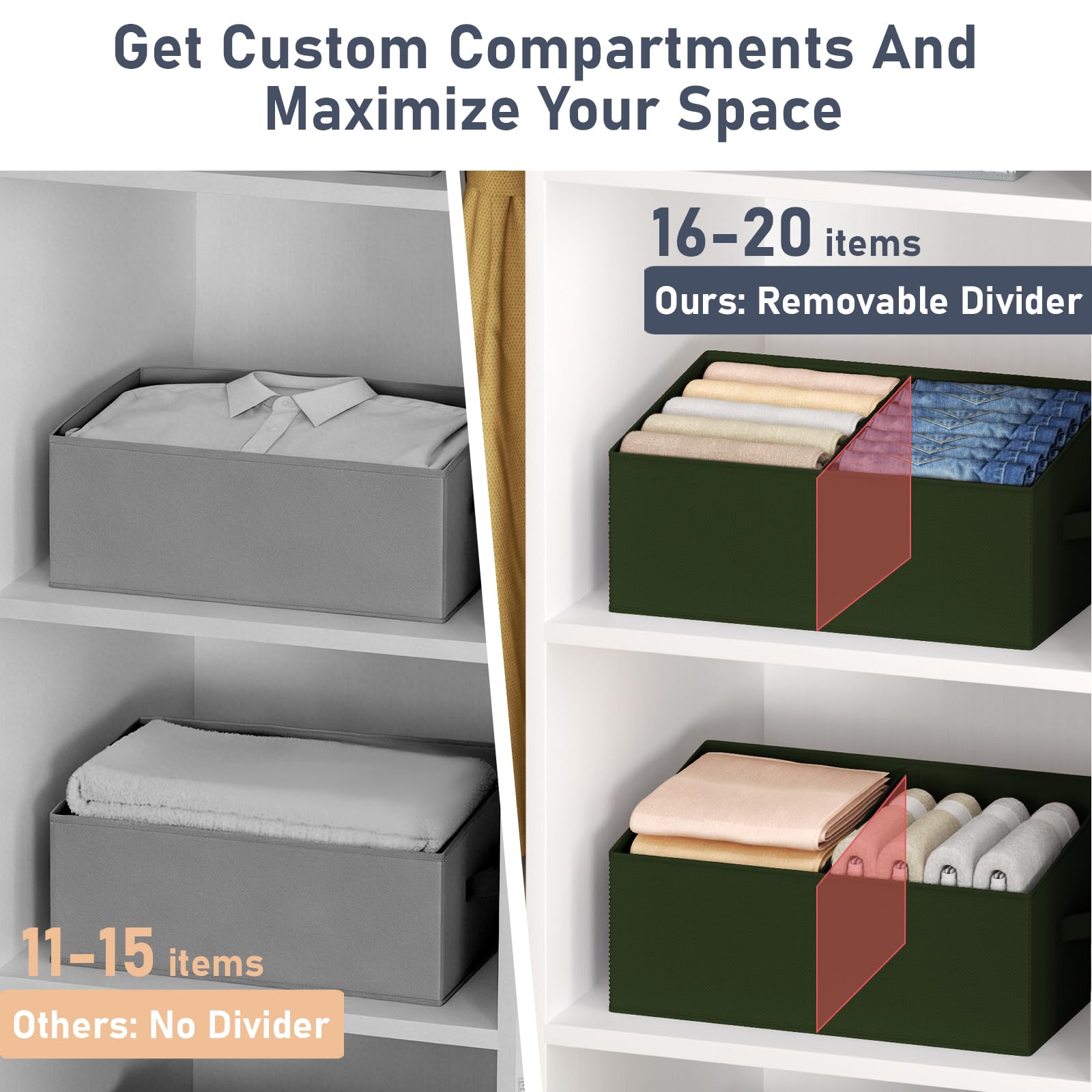Large Closet Shelf Organizer Bins 6 Packs with Handles and Divider (6 Count)