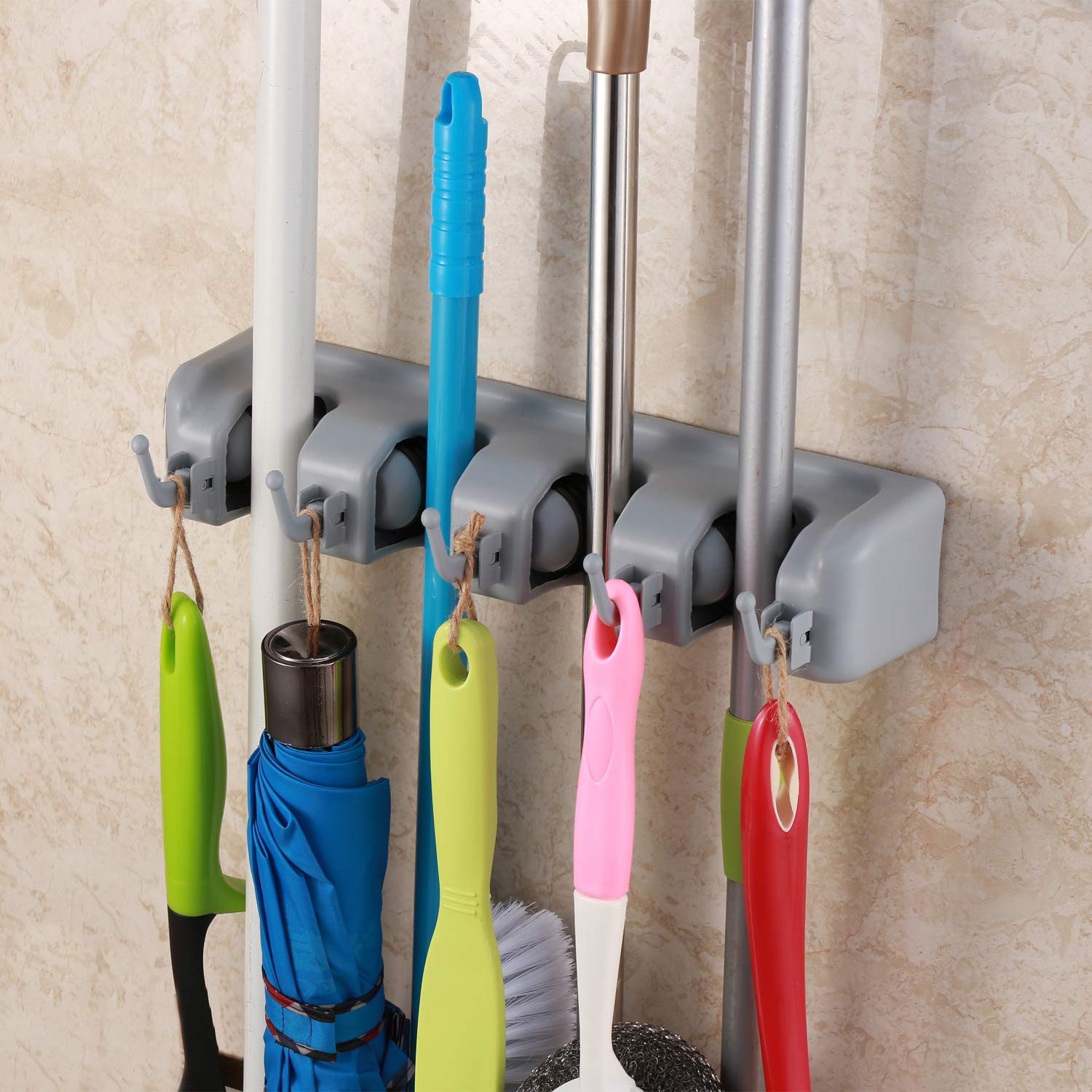 Mop and Broom Holders Sturdy Wall Mounted Broom Gripper Holds up to 9 Tools